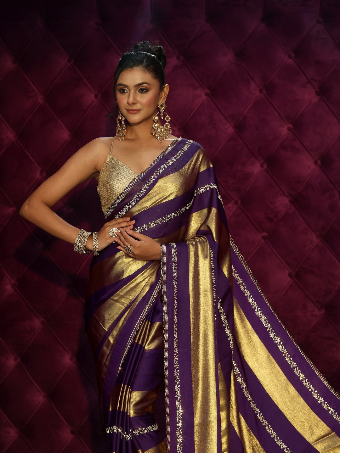  Libas Plum Purple Striped Embellished Silk Saree 