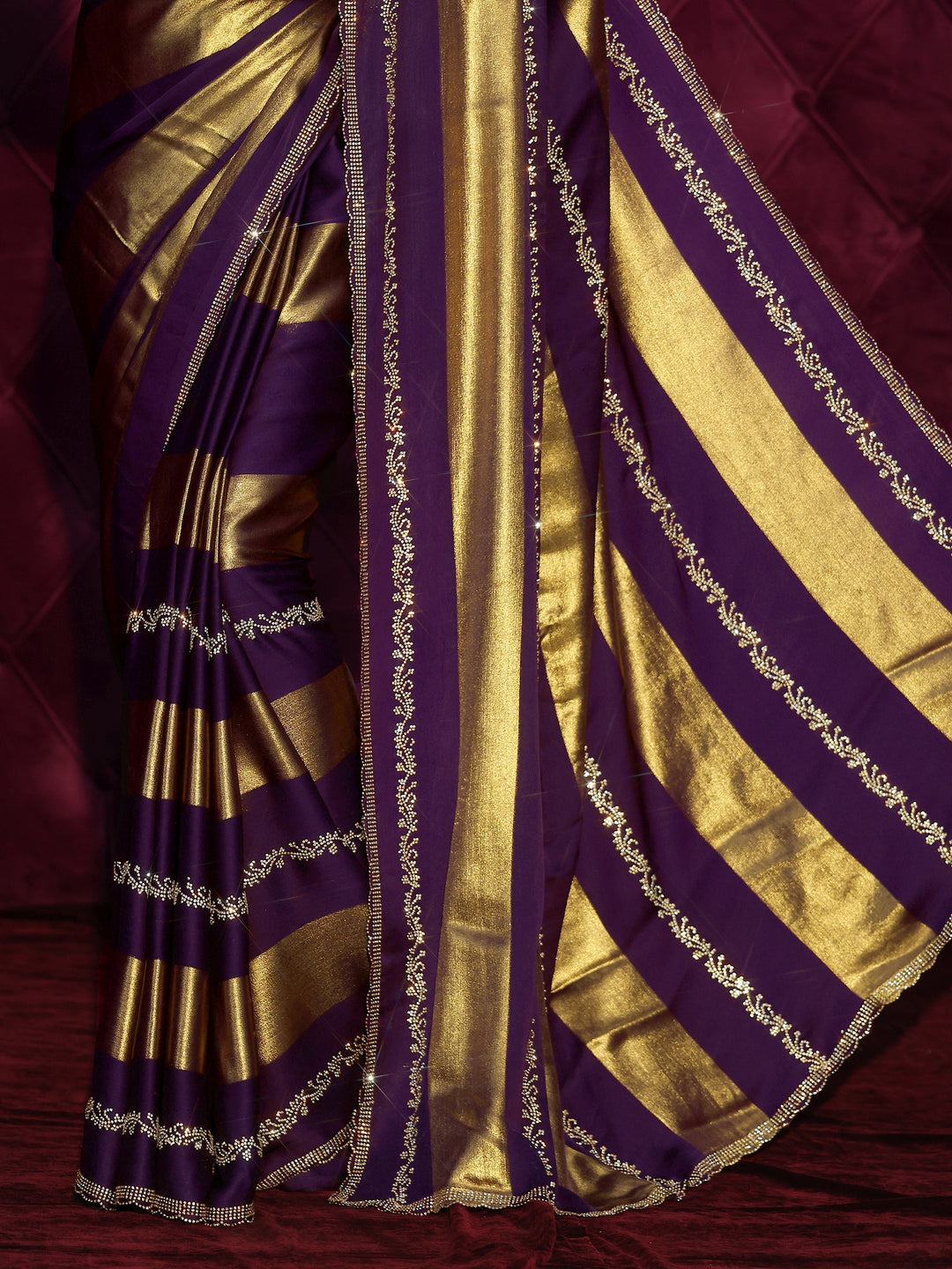  Libas Plum Purple Striped Embellished Silk Saree 
