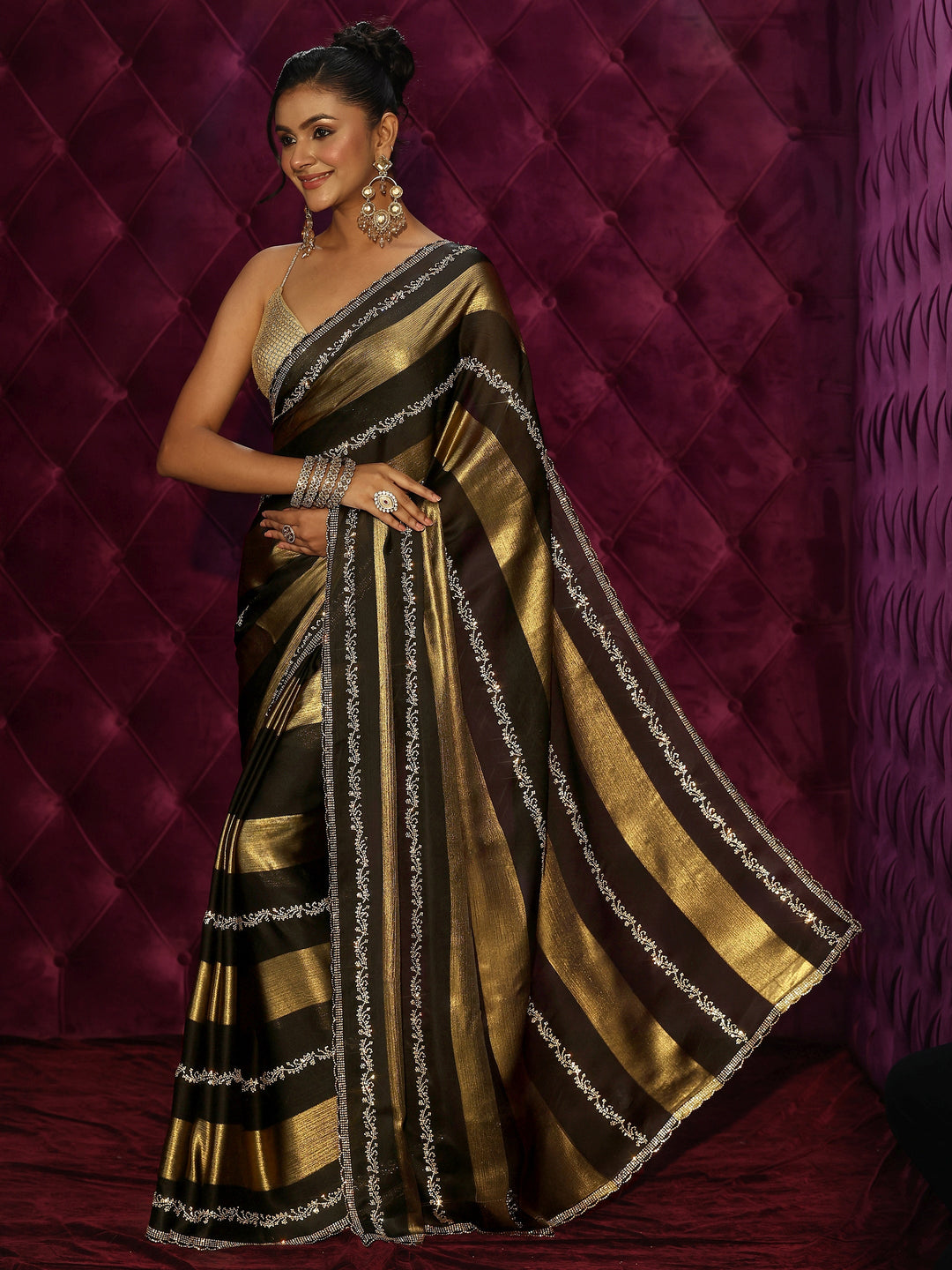  Libas Black Striped Embellished Silk Saree 