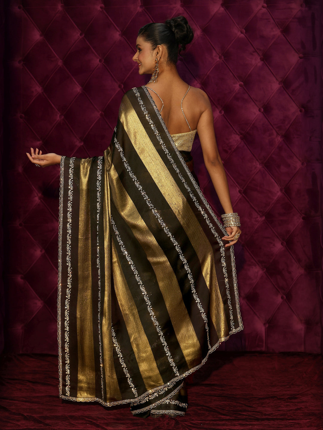  Libas Black Striped Embellished Silk Saree 