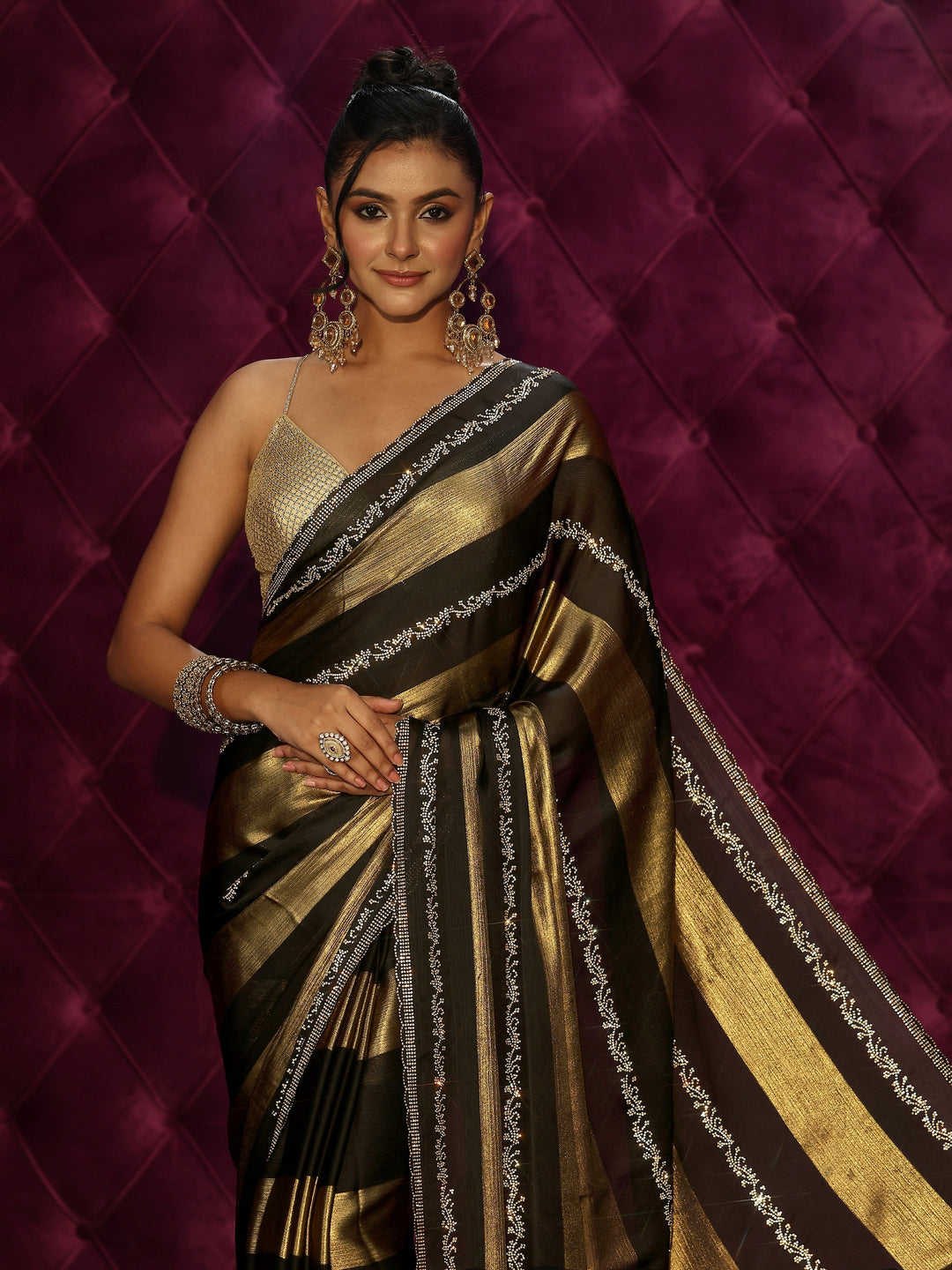  Libas Black Striped Embellished Silk Saree 