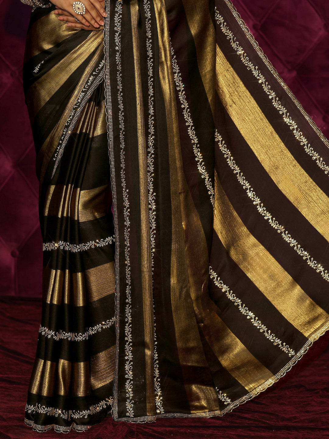  Libas Black Striped Embellished Silk Saree 