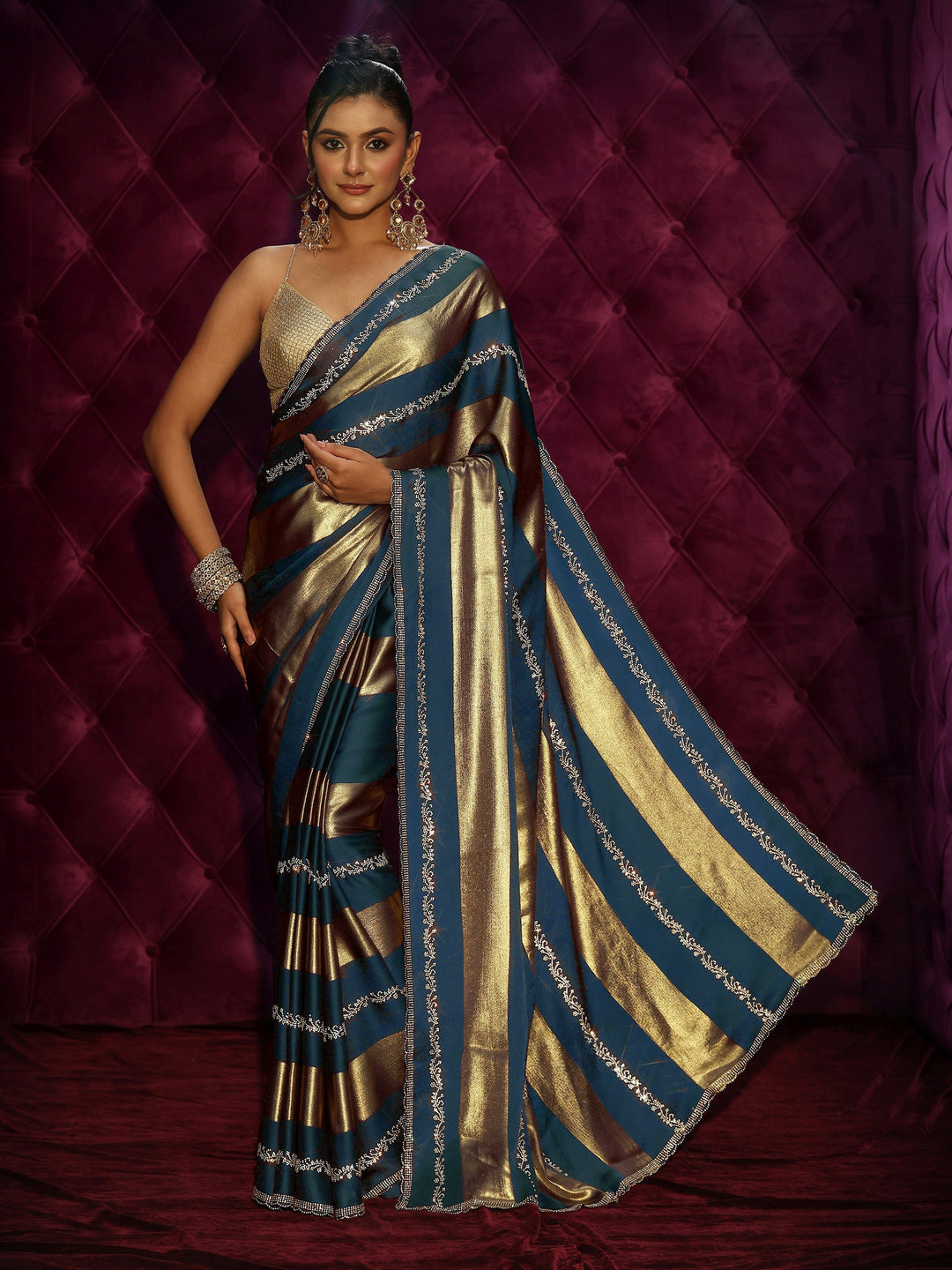 Libas Teal Blue Striped Embellished Silk Saree 