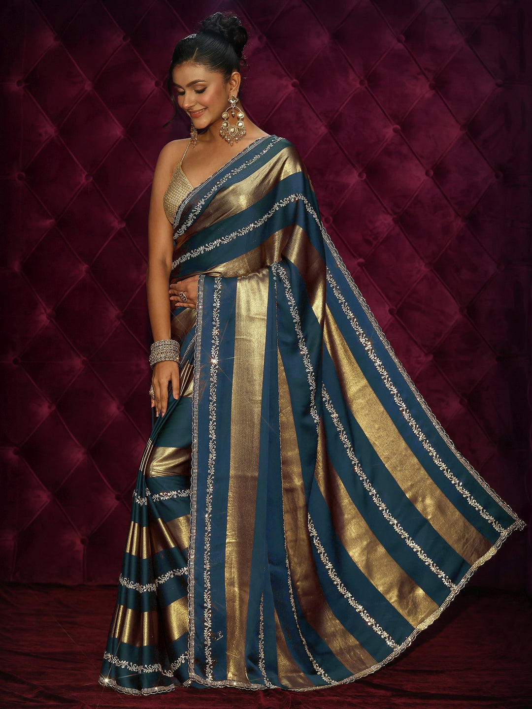  Libas Teal Blue Striped Embellished Silk Saree 