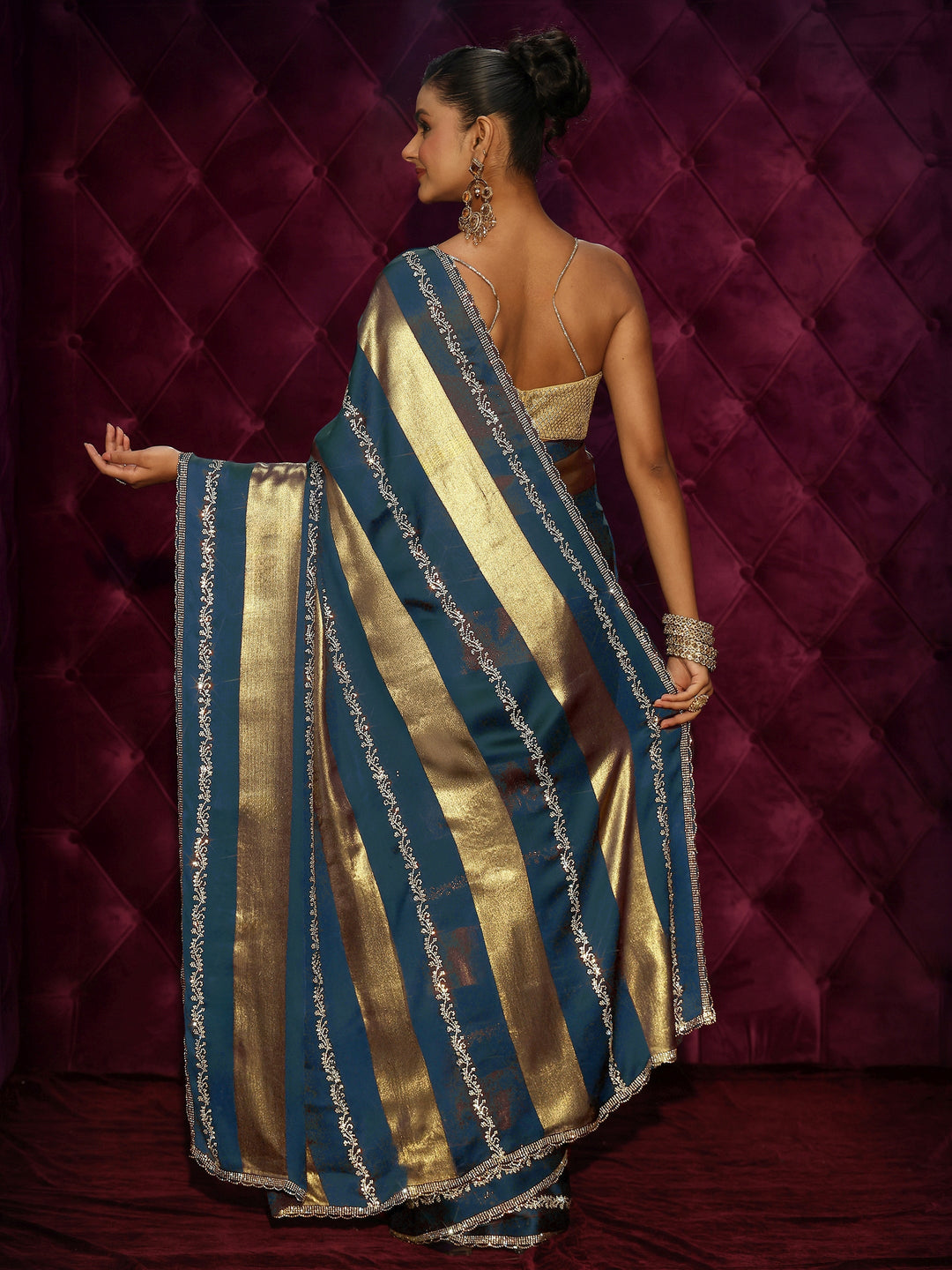  Libas Teal Blue Striped Embellished Silk Saree 