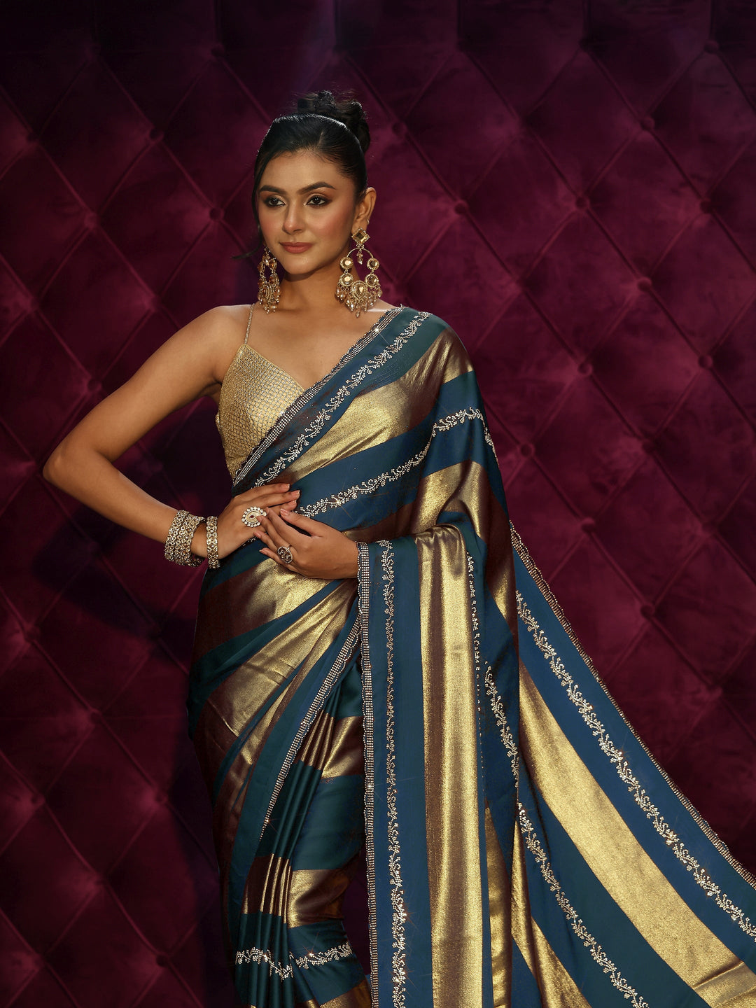  Libas Teal Blue Striped Embellished Silk Saree 
