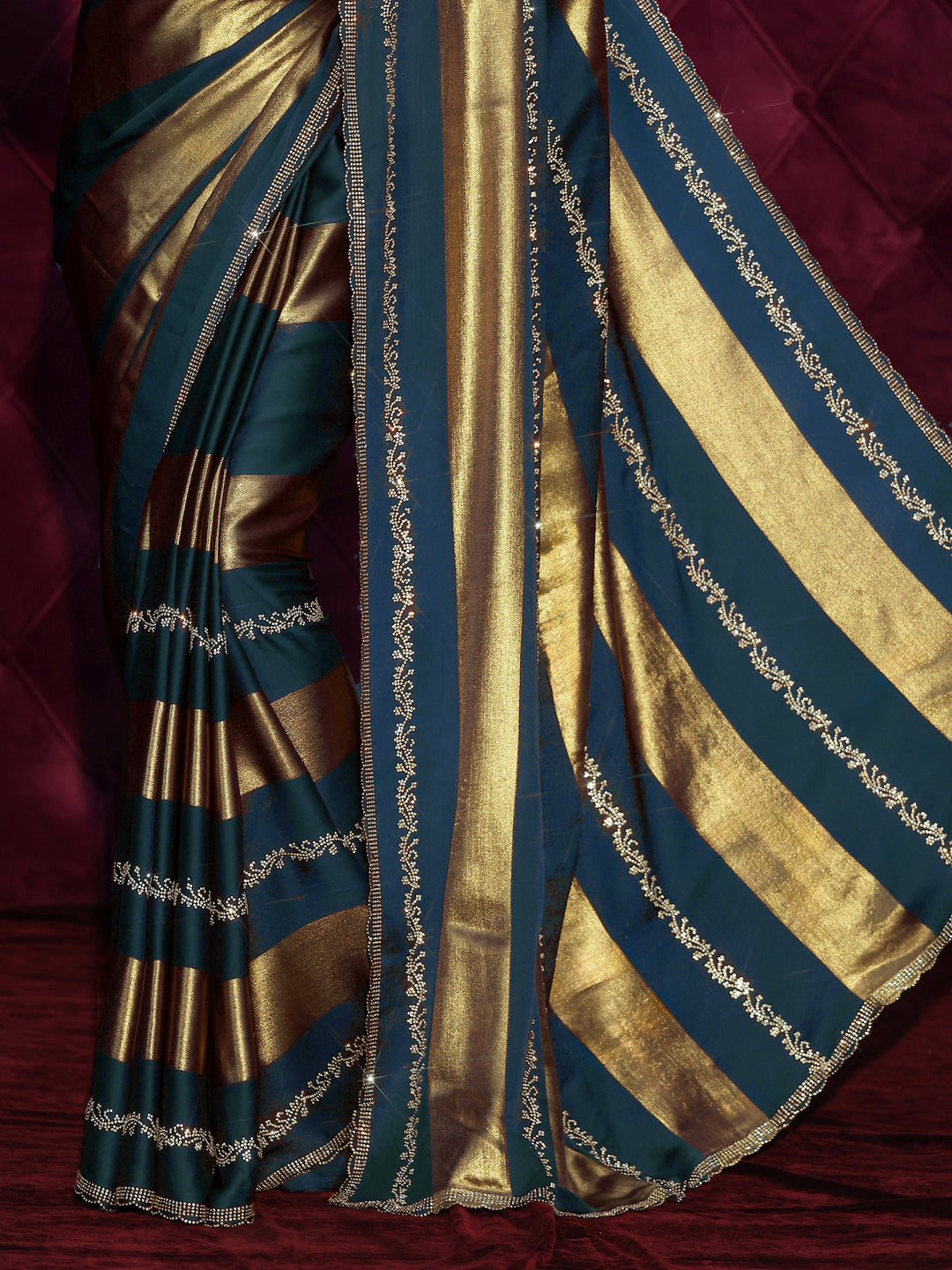  Libas Teal Blue Striped Embellished Silk Saree 