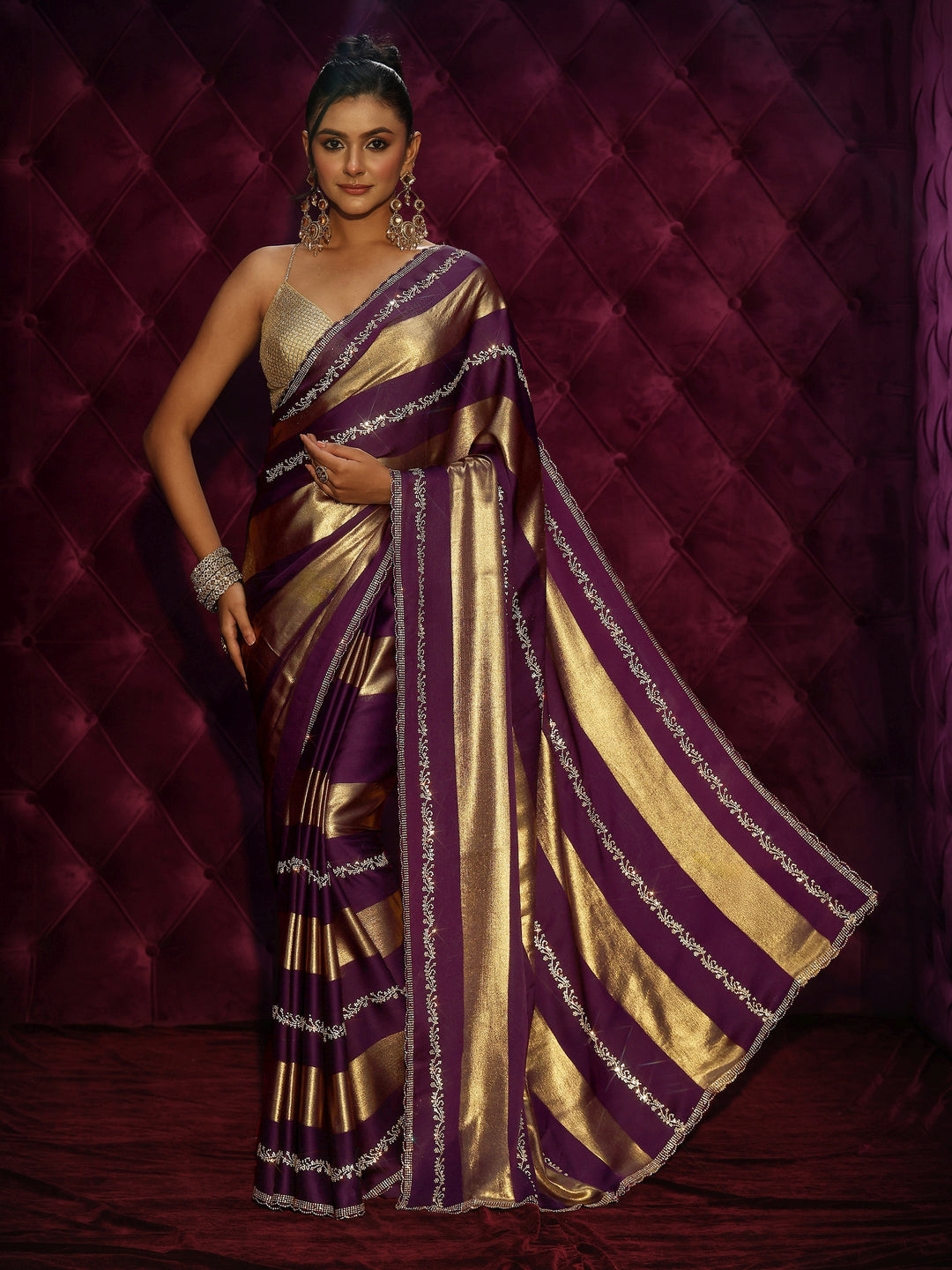  Libas Burgundy Striped Embellished Silk Saree 