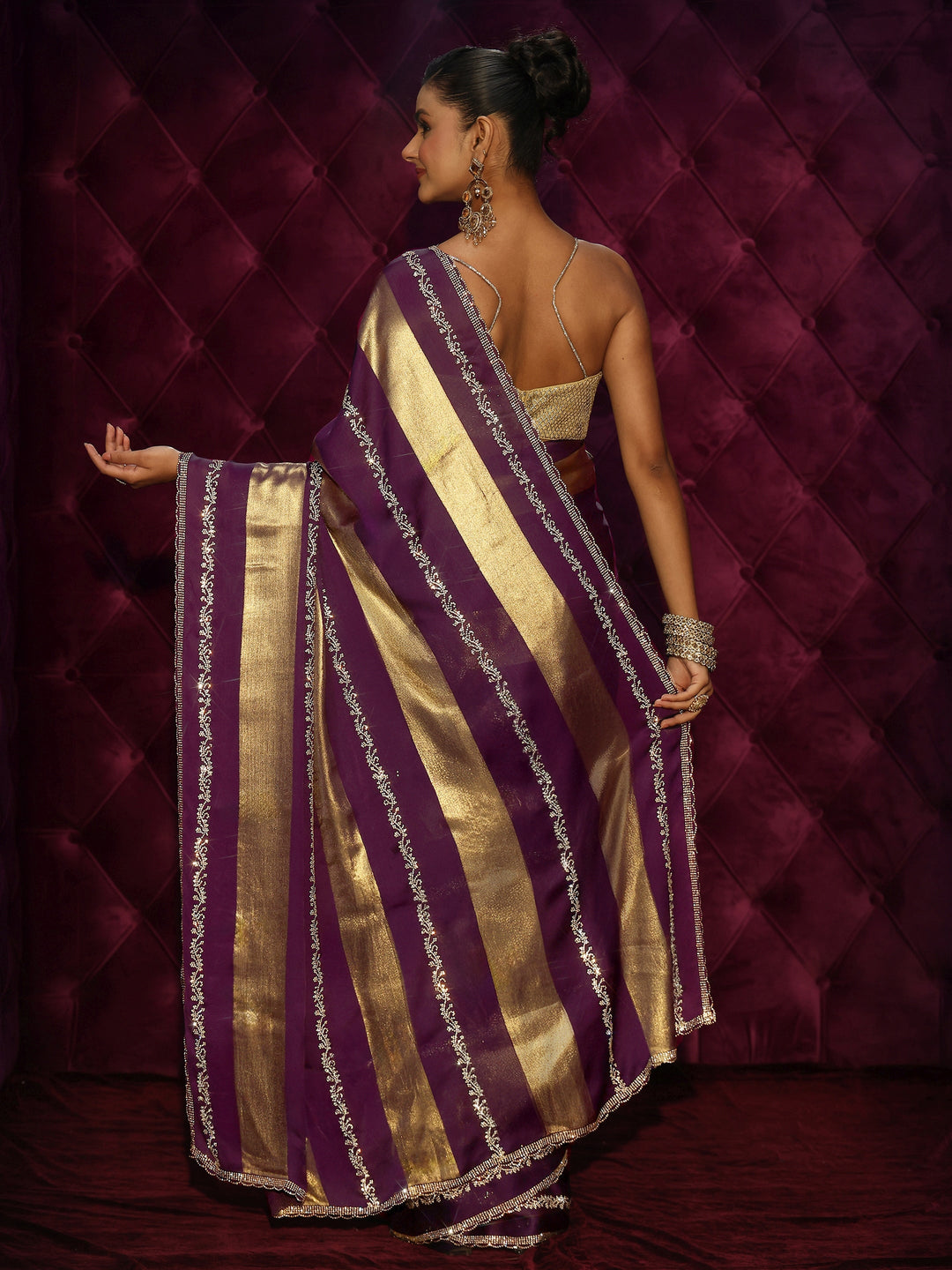  Libas Burgundy Striped Embellished Silk Saree 