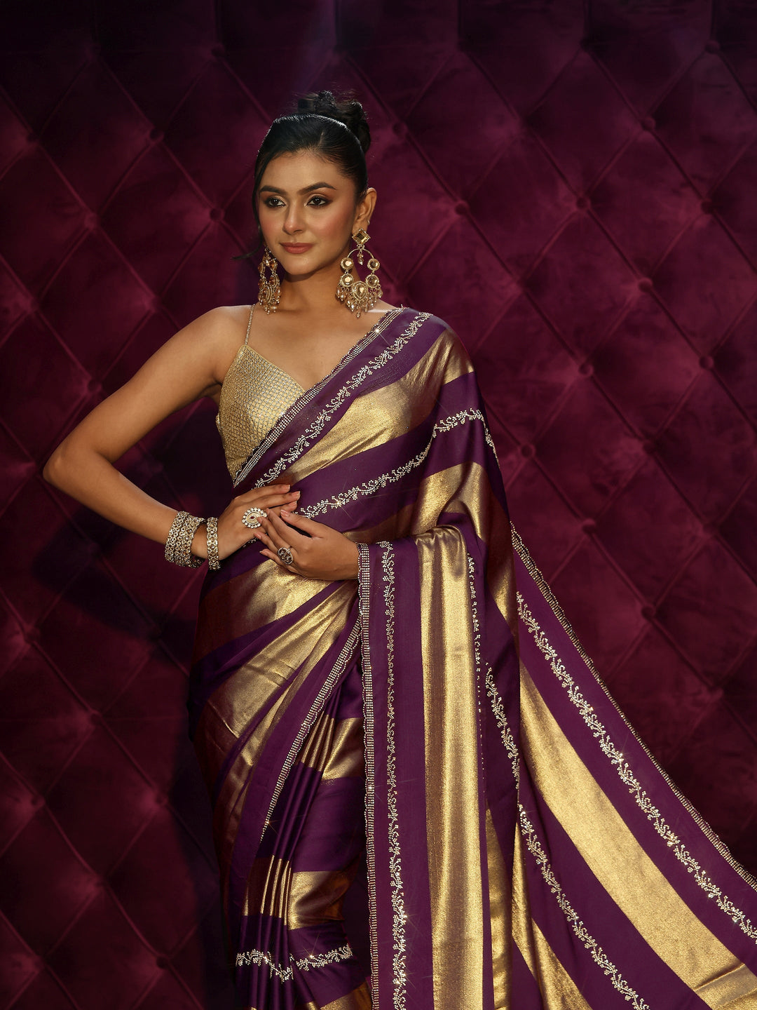  Libas Burgundy Striped Embellished Silk Saree 