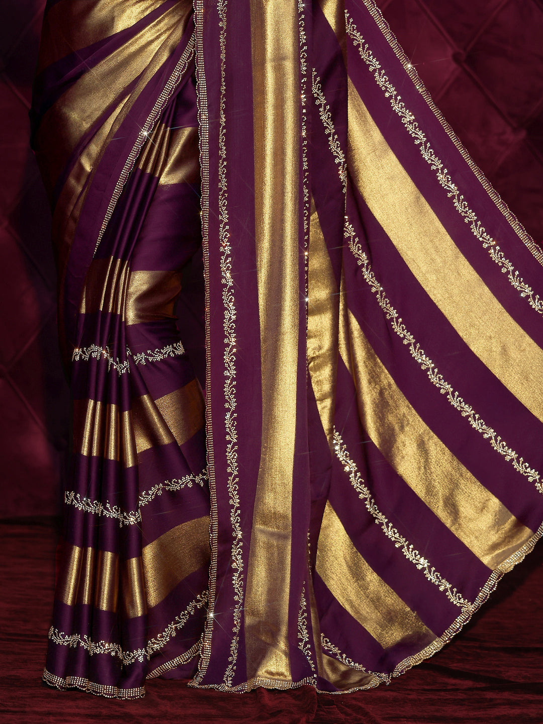  Libas Burgundy Striped Embellished Silk Saree 