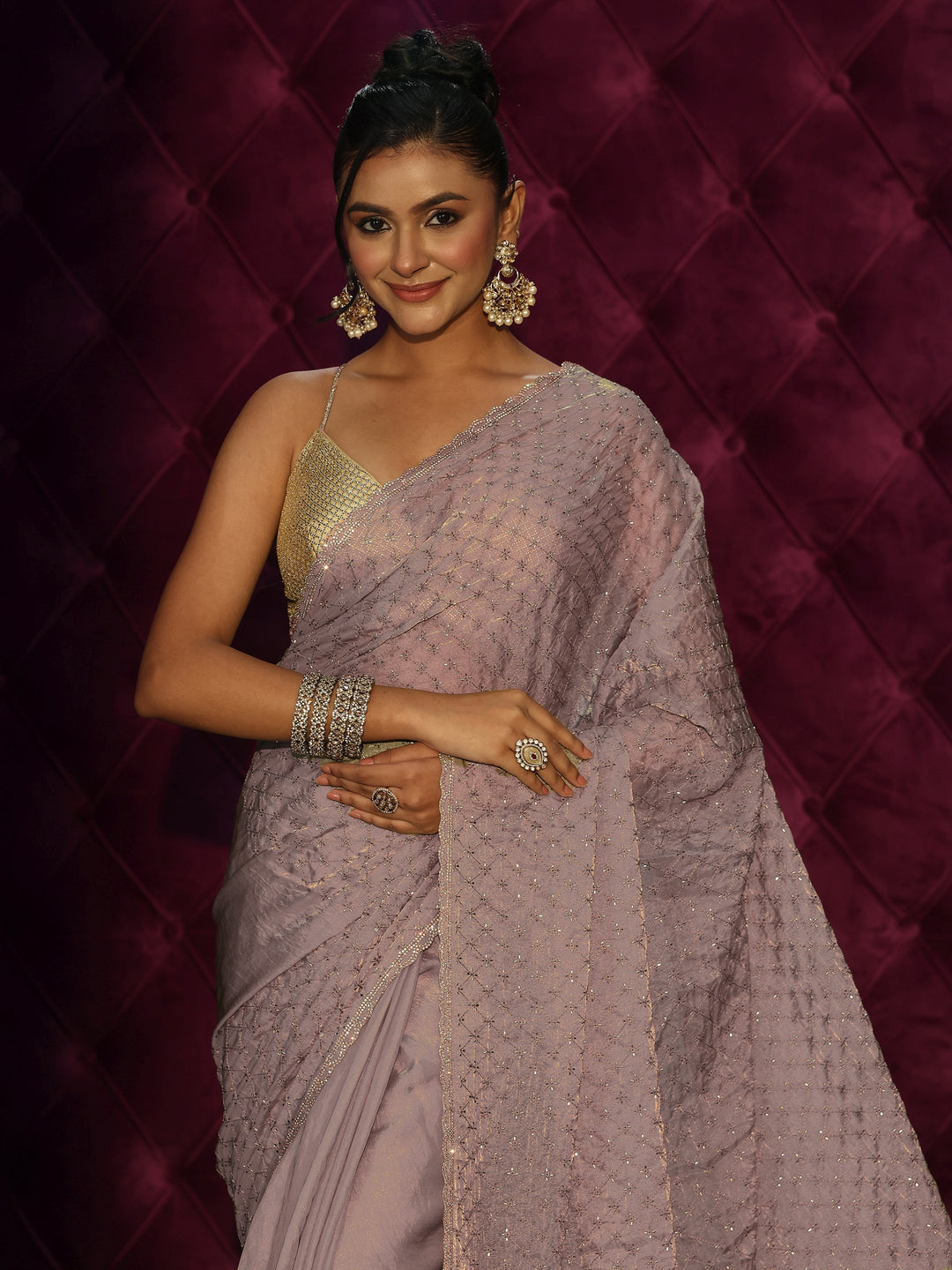  Libas Lavender Floral Embroidered Tissue Saree with Embellished Border 