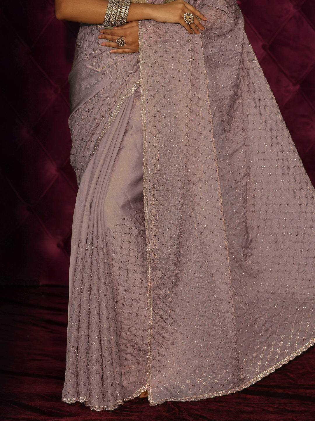  Libas Lavender Floral Embroidered Tissue Saree with Embellished Border 