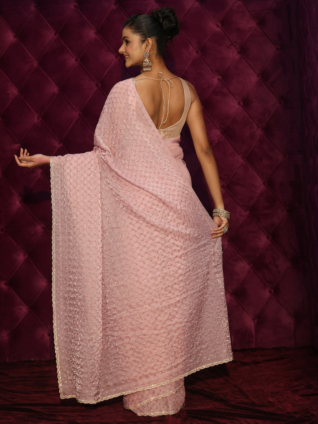  Libas Baby Pink Floral Embroidered Tissue Saree with Embellished Border 