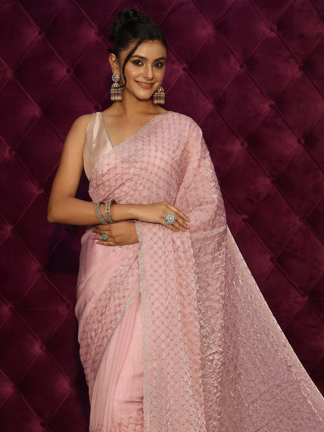  Libas Baby Pink Floral Embroidered Tissue Saree with Embellished Border 