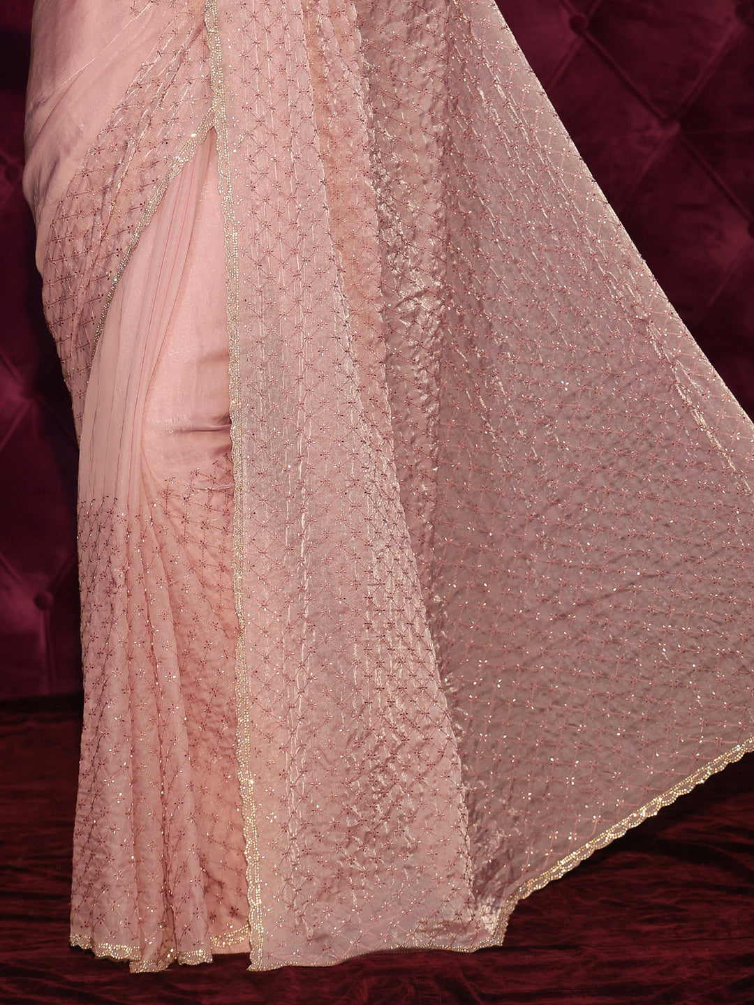  Libas Baby Pink Floral Embroidered Tissue Saree with Embellished Border 