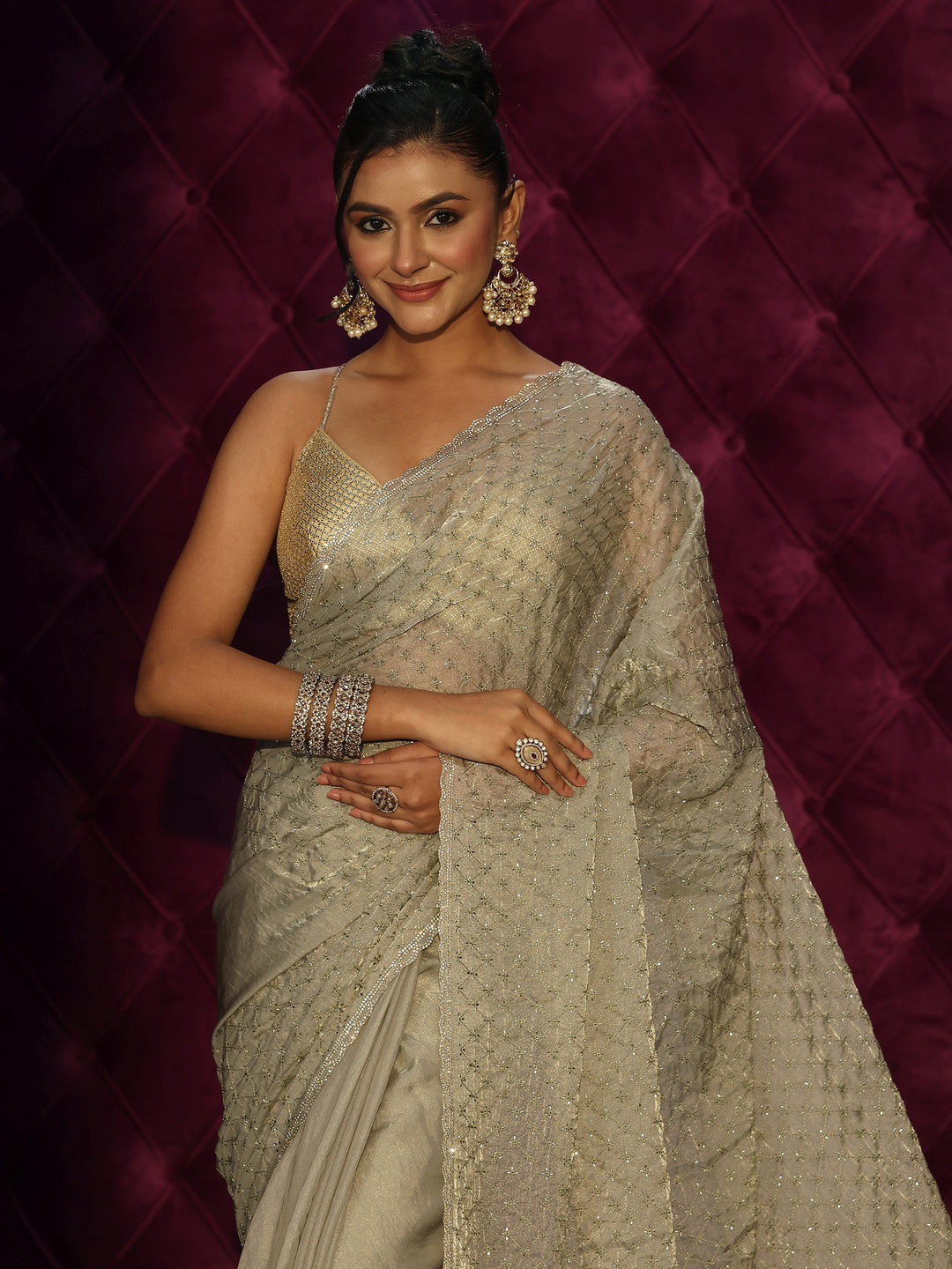  Libas Light Green Floral Embroidered Tissue Saree with Embellished Border 
