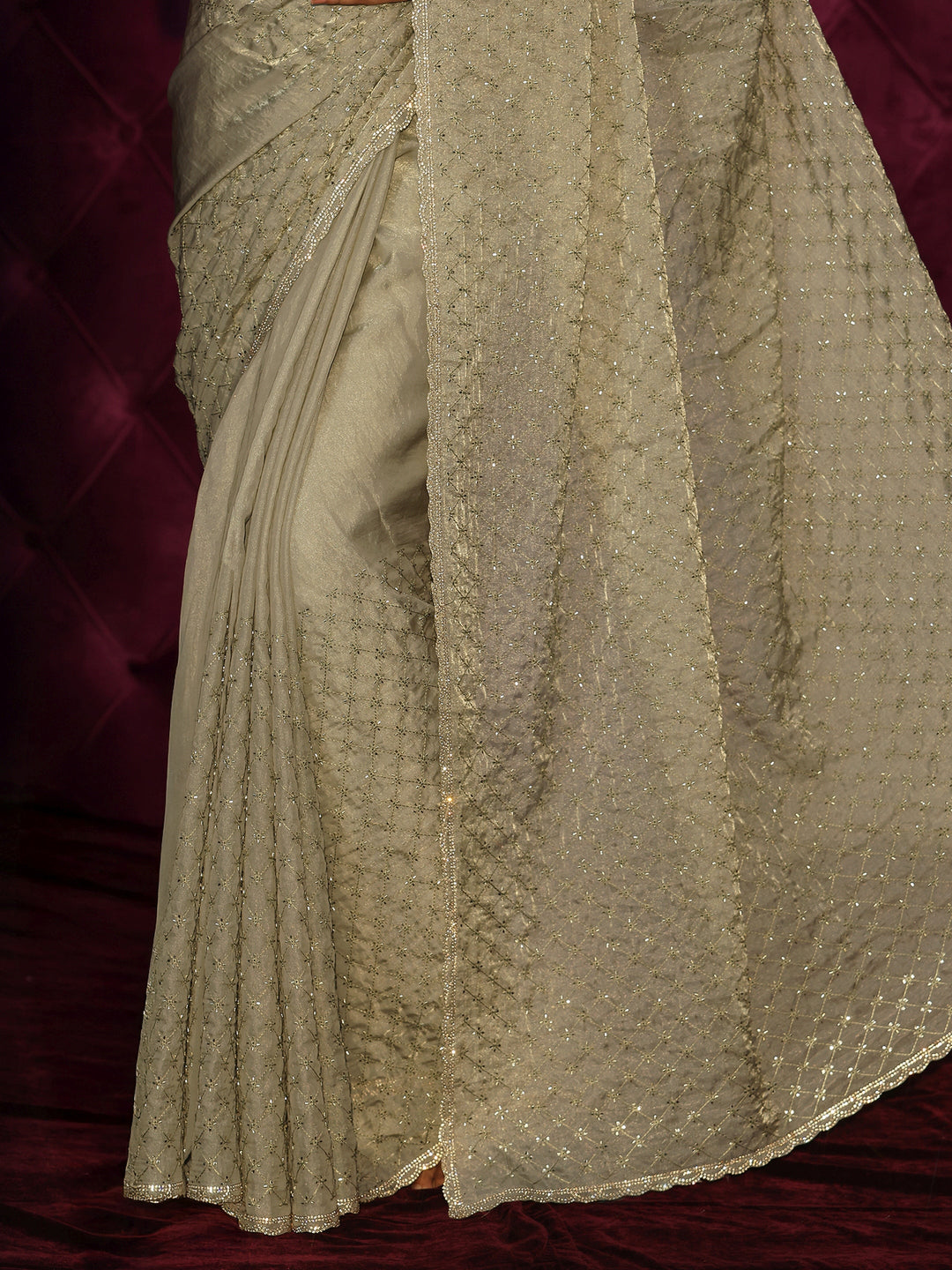  Libas Light Green Floral Embroidered Tissue Saree with Embellished Border 