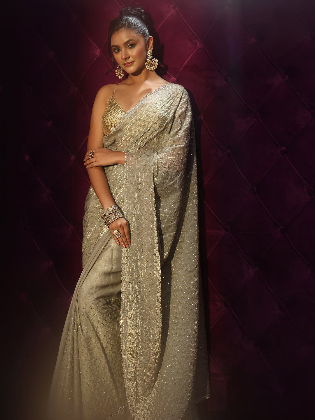  Libas Light Green Floral Embroidered Tissue Saree with Embellished Border 