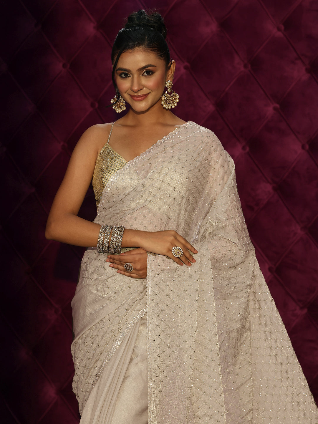  Libas Off White Floral Embroidered Tissue Saree with Embellished Border 