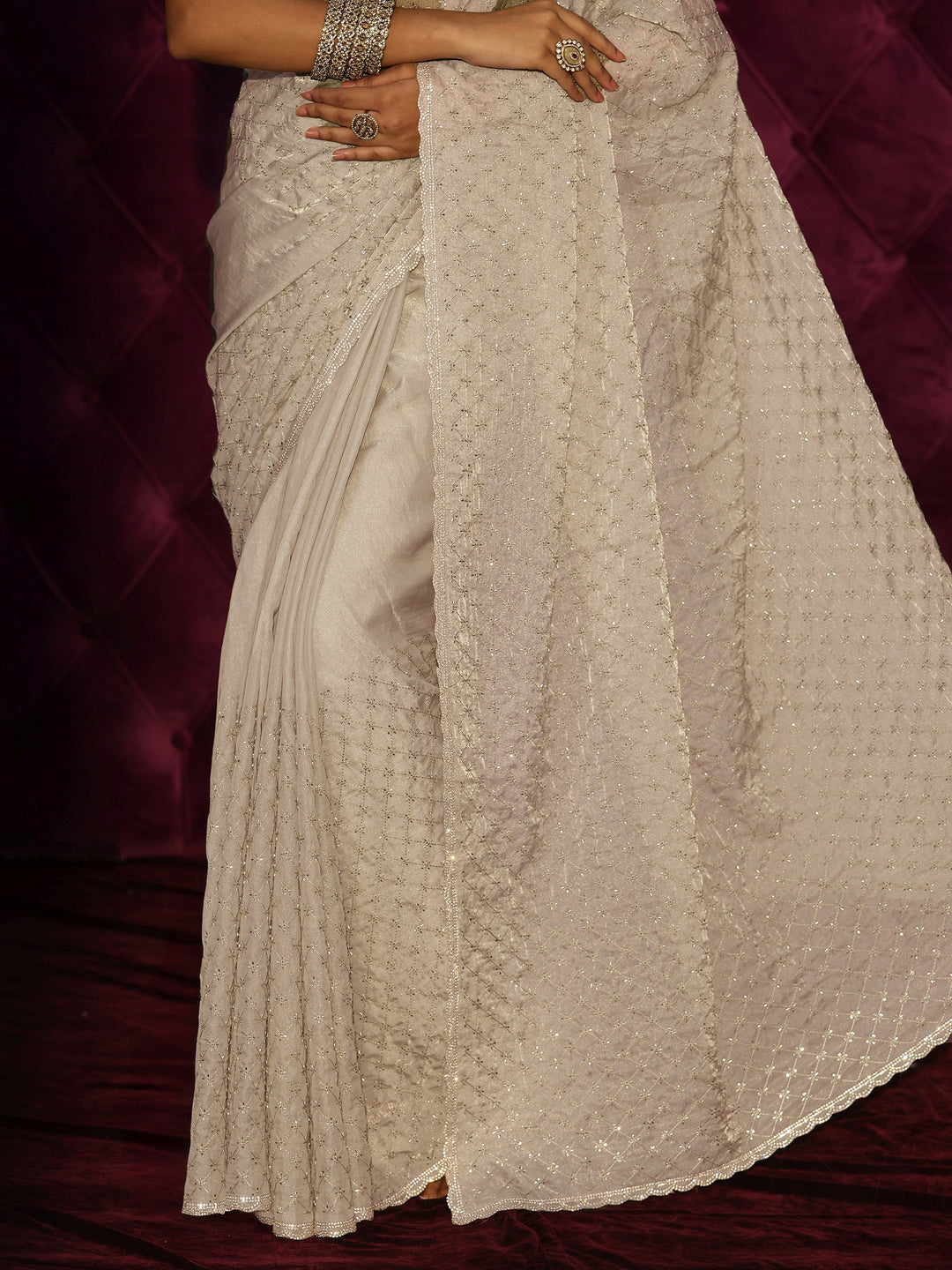  Libas Off White Floral Embroidered Tissue Saree with Embellished Border 