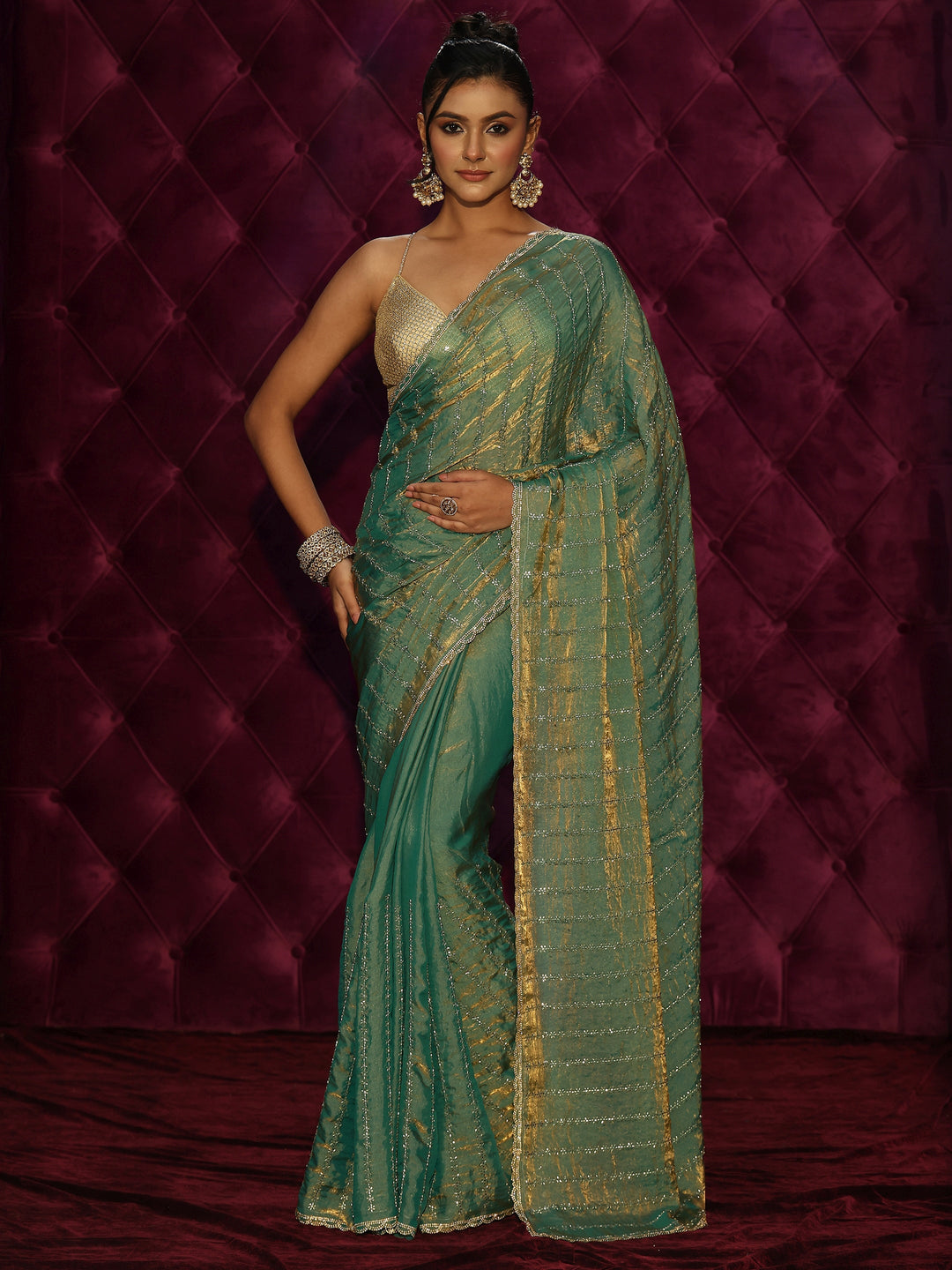  Libas Dusty Green Embellished Tissue Saree 