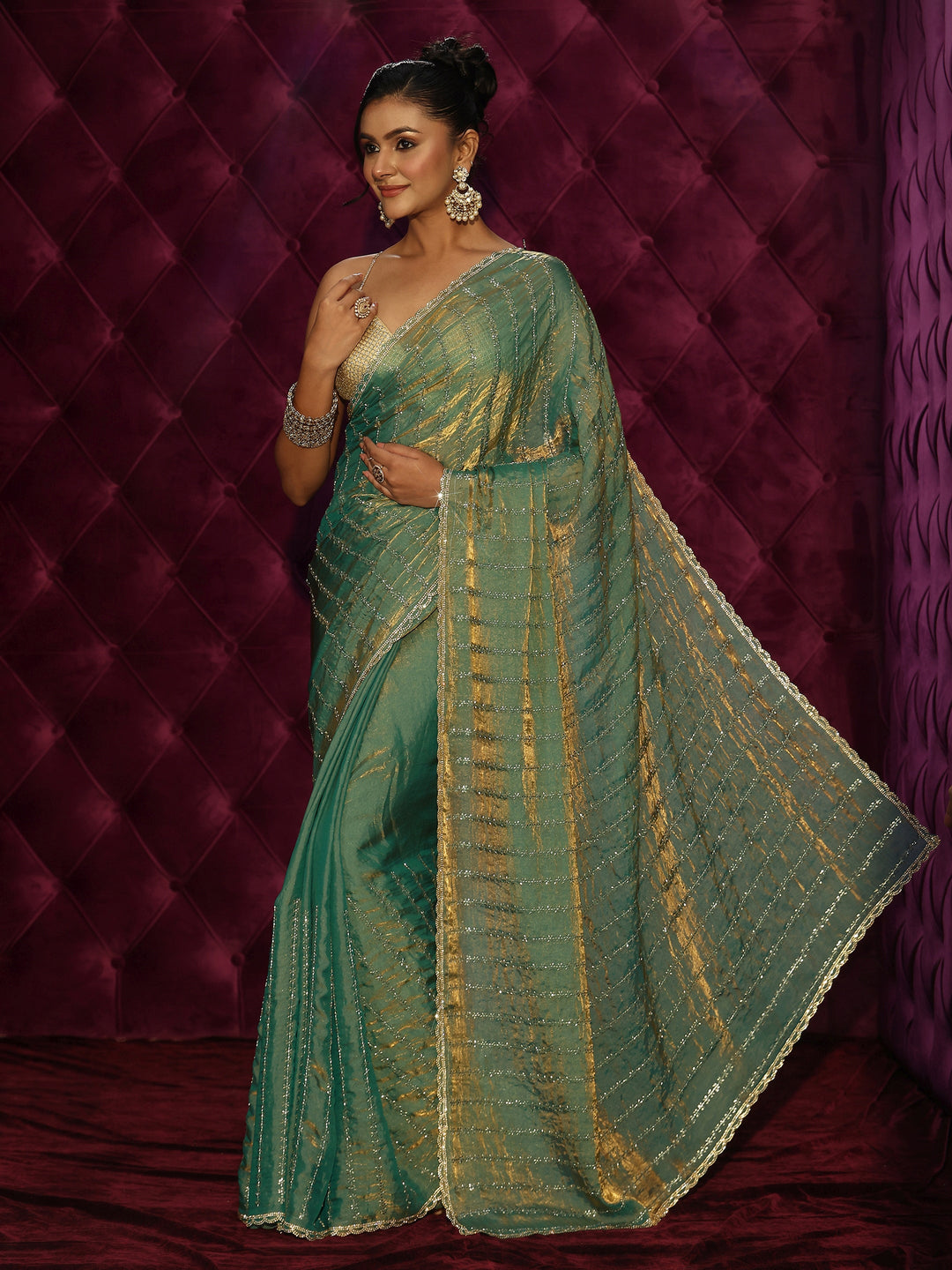  Libas Dusty Green Embellished Tissue Saree 