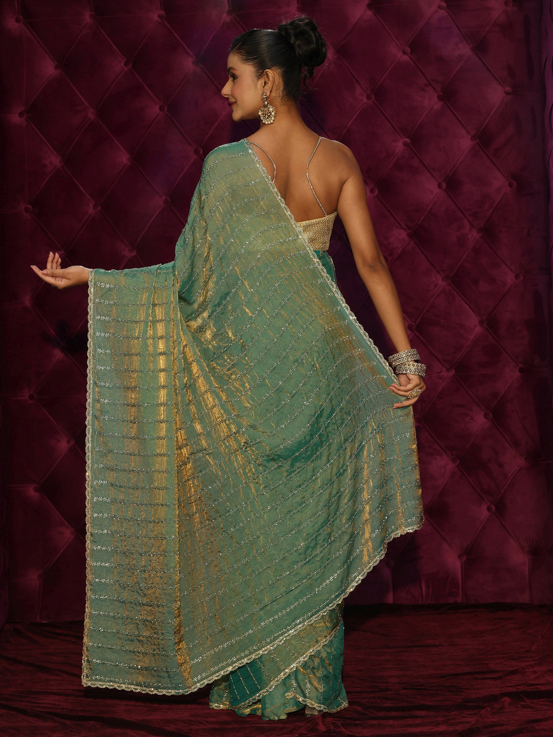  Libas Dusty Green Embellished Tissue Saree 