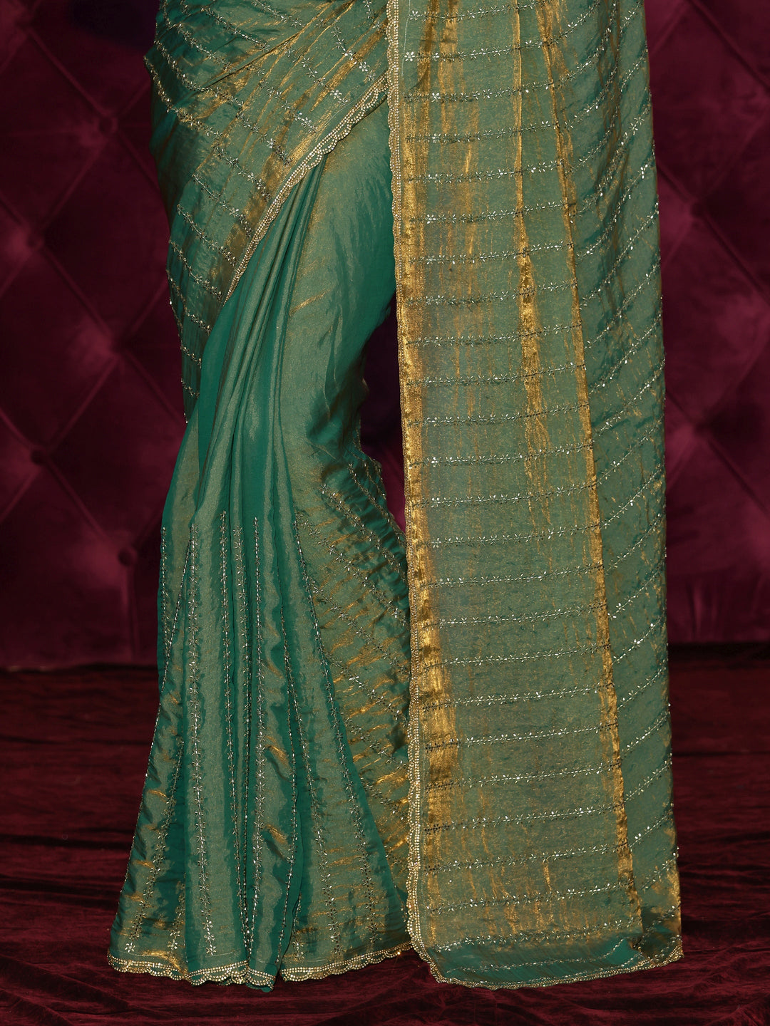 Libas Dusty Green Embellished Tissue Saree 