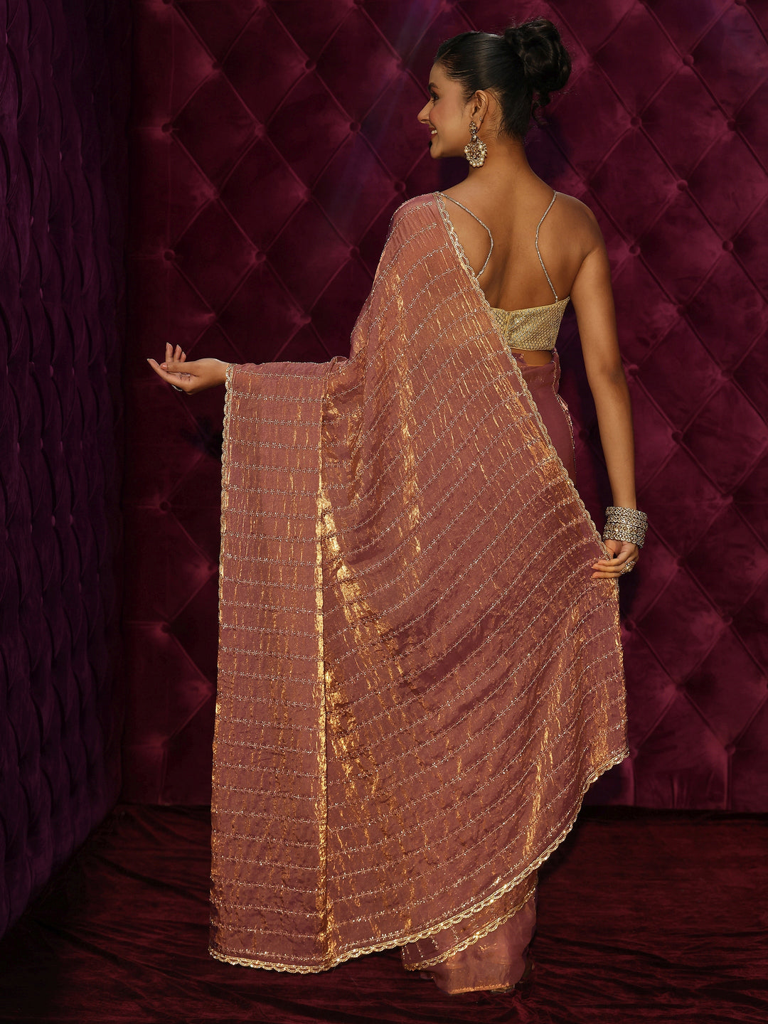  Libas Peach Pink Embellished Tissue Saree 