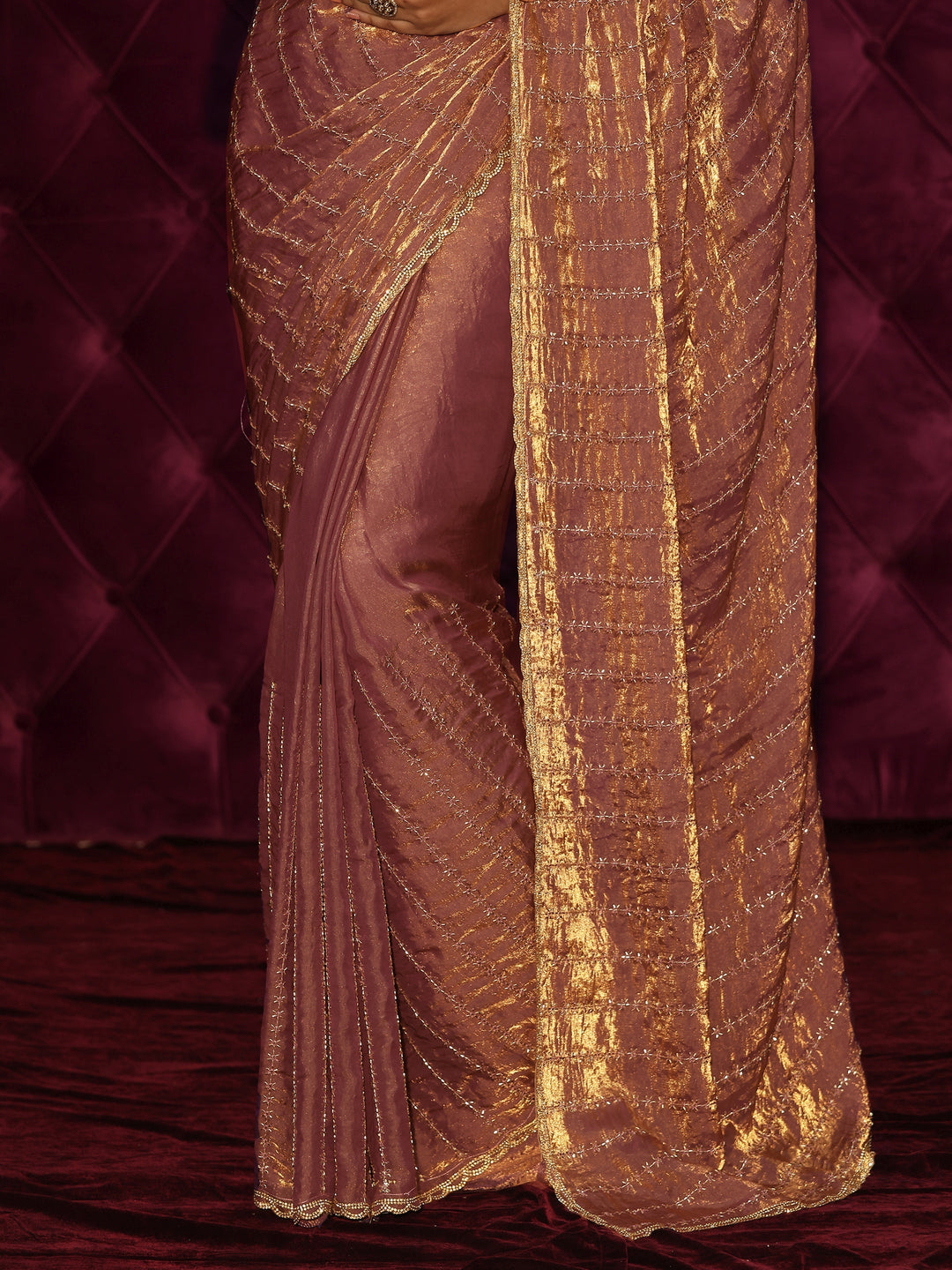  Libas Peach Pink Embellished Tissue Saree 