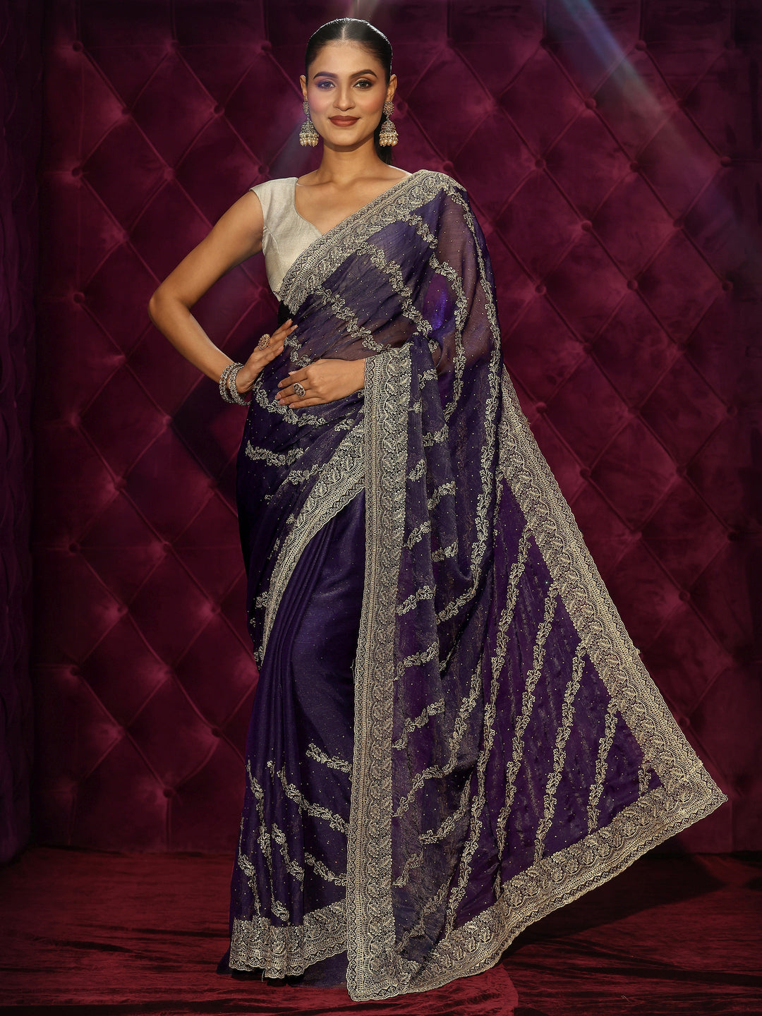  Libas Royal Purple Floral Embroidered Tissue Saree 