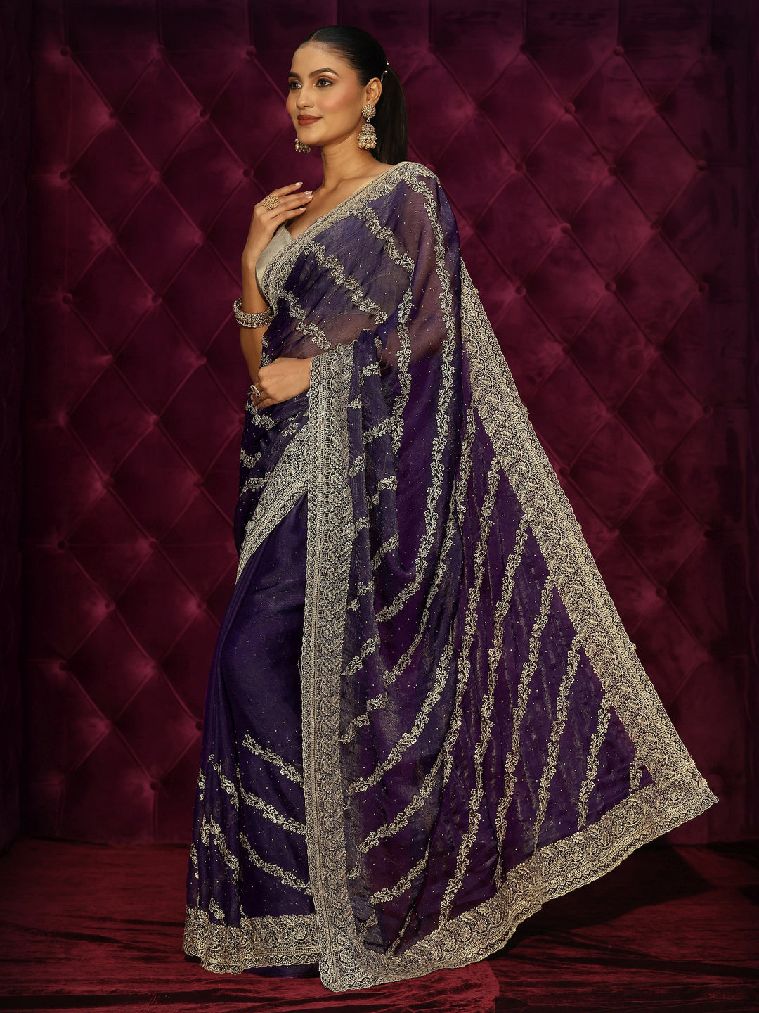 Libas Royal Purple Floral Embroidered Tissue Saree 