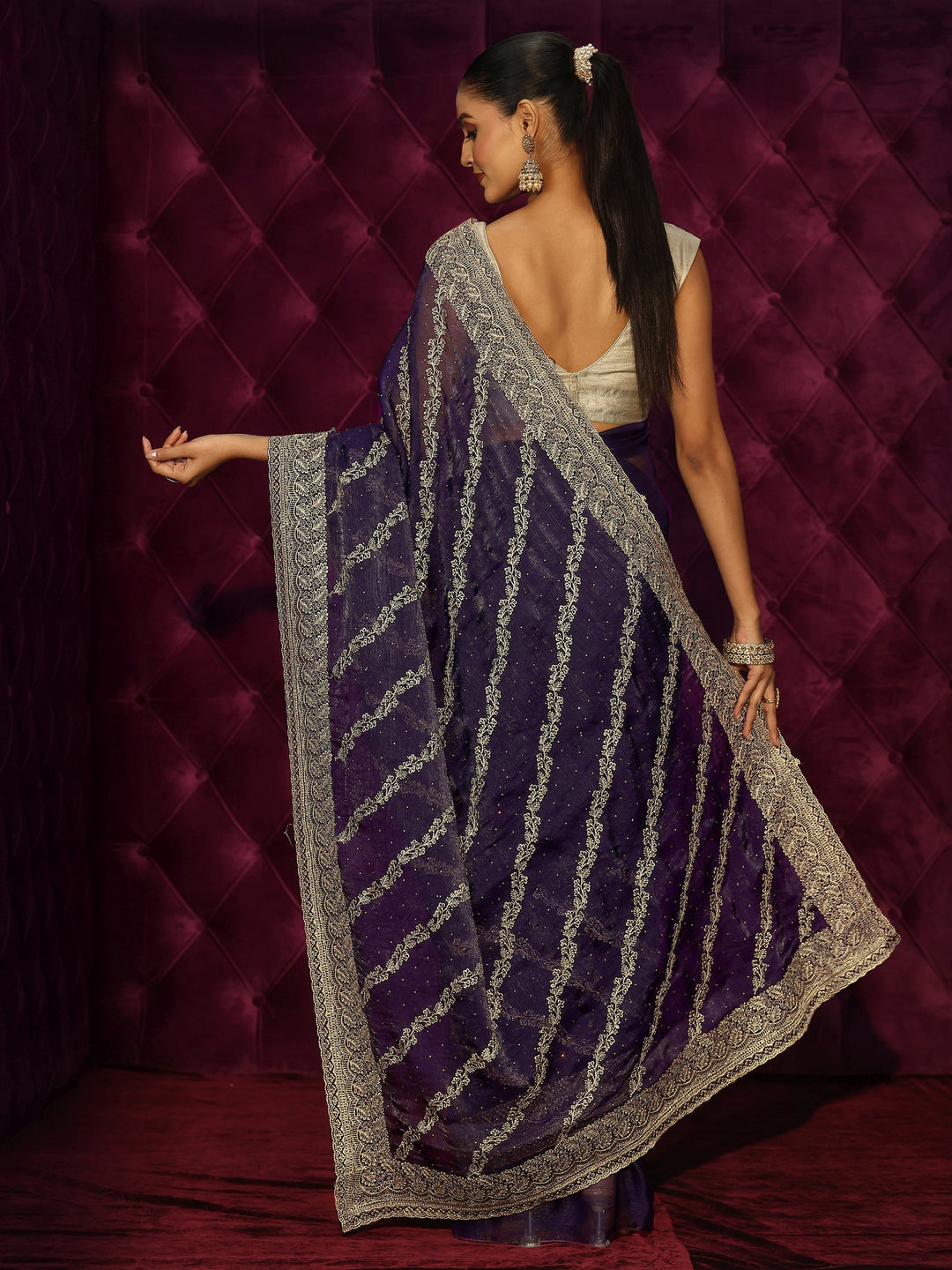  Libas Royal Purple Floral Embroidered Tissue Saree 