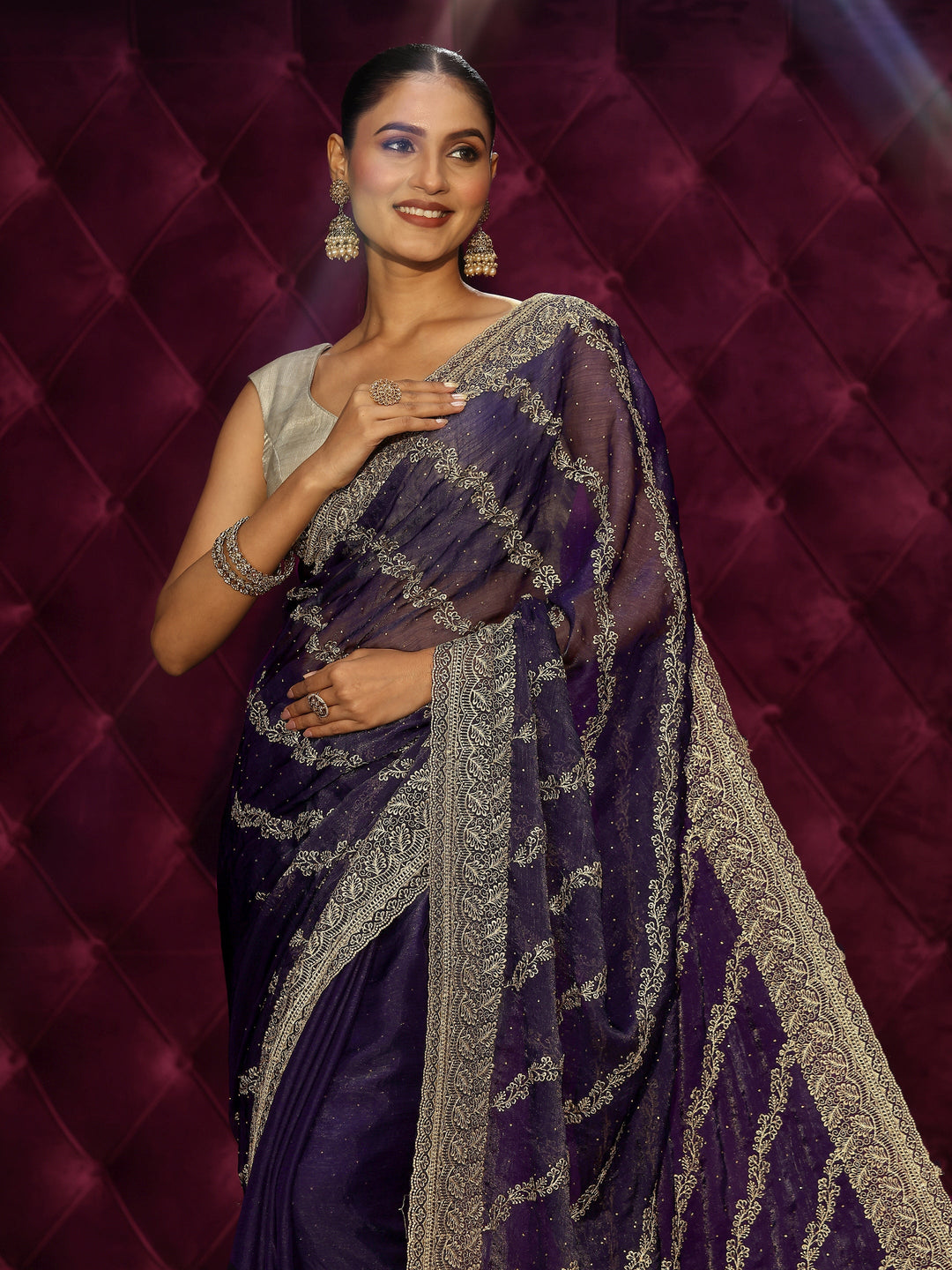  Libas Royal Purple Floral Embroidered Tissue Saree 