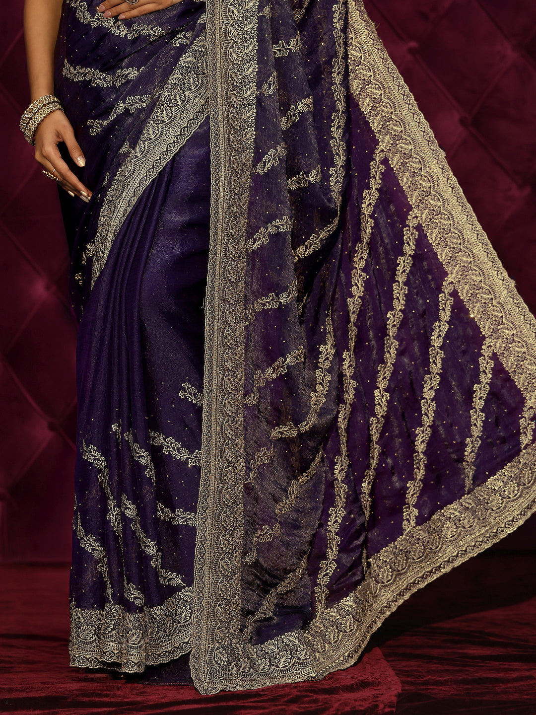  Libas Royal Purple Floral Embroidered Tissue Saree 