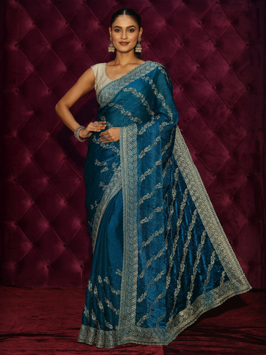  Libas Teal Blue Floral Embroidered Tissue Saree 