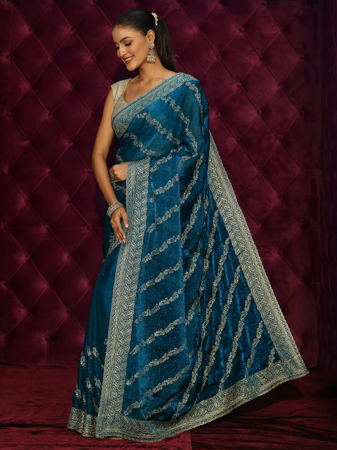  Libas Teal Blue Floral Embroidered Tissue Saree 