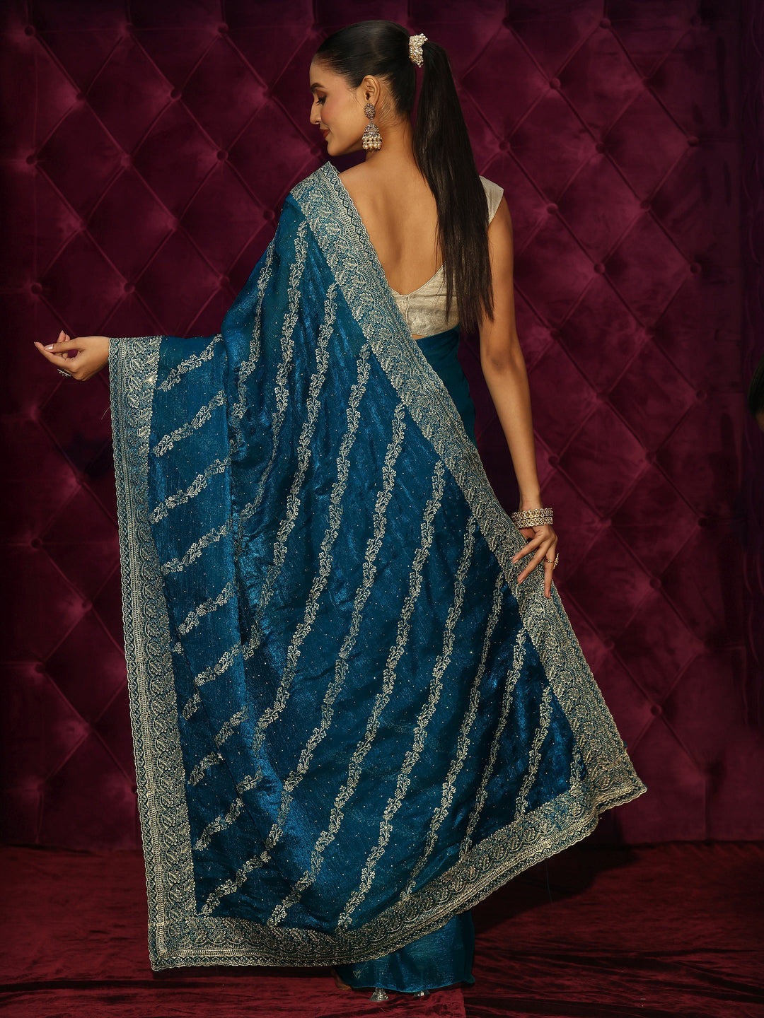  Libas Teal Blue Floral Embroidered Tissue Saree 