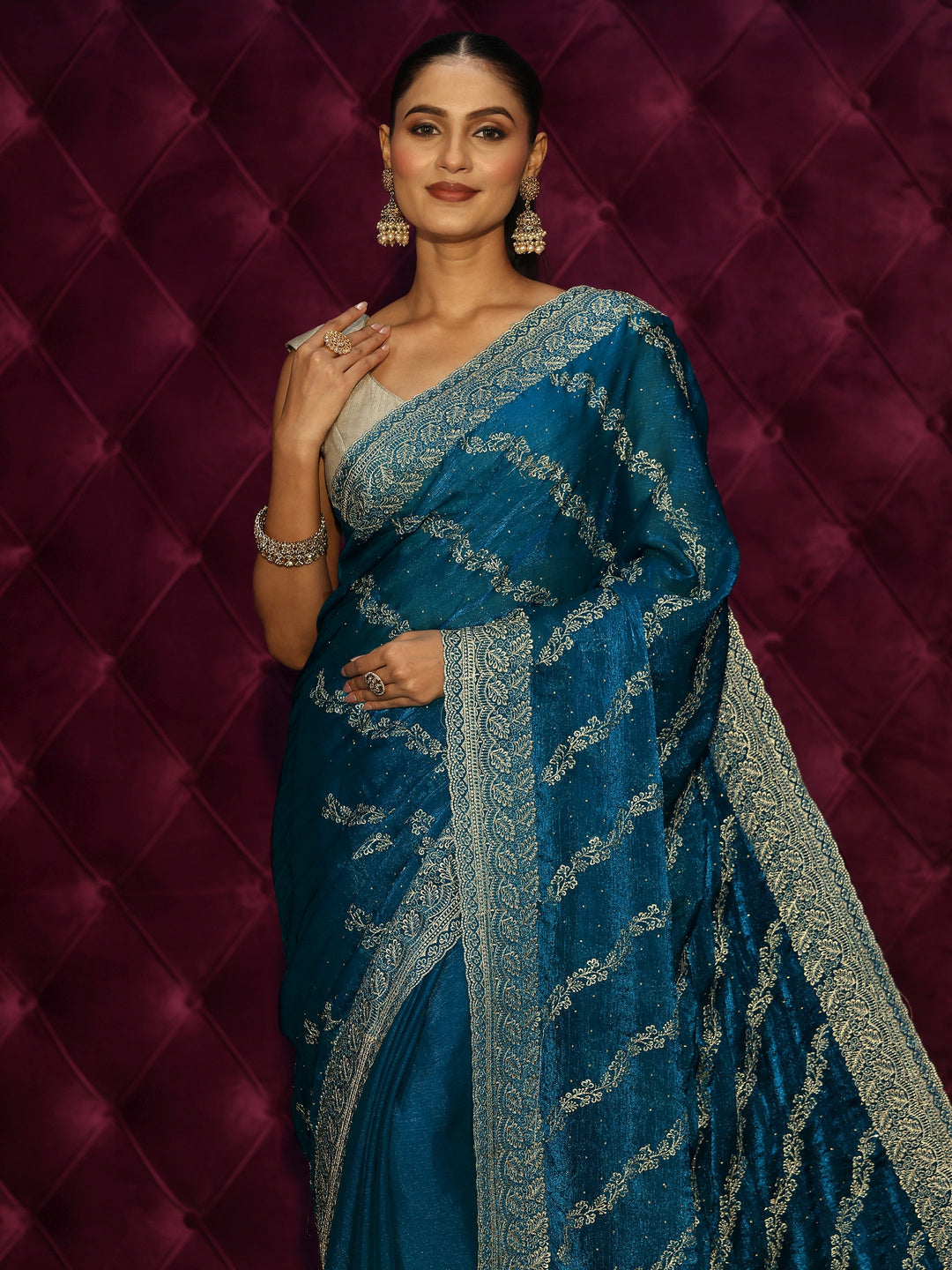  Libas Teal Blue Floral Embroidered Tissue Saree 