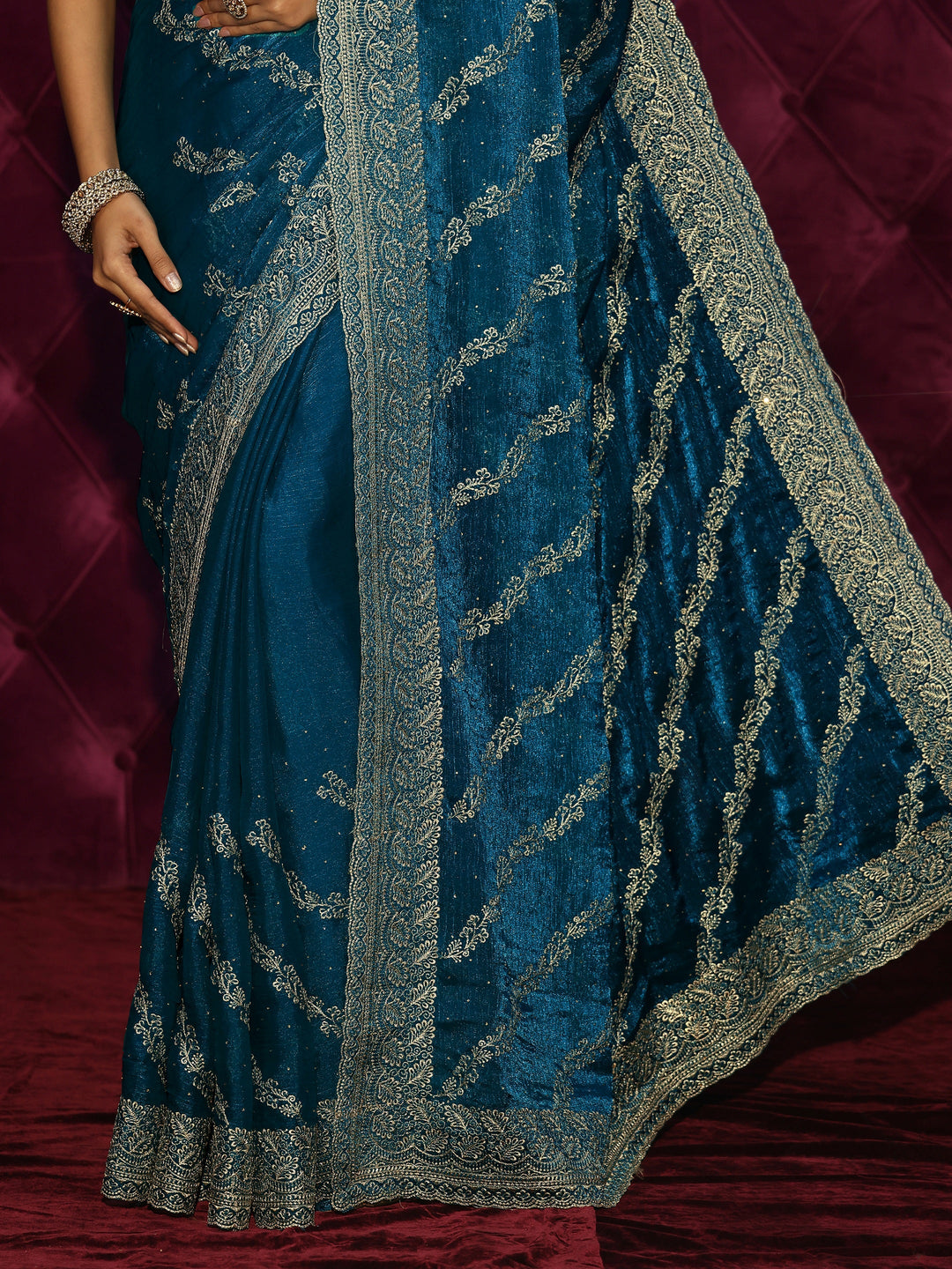  Libas Teal Blue Floral Embroidered Tissue Saree 
