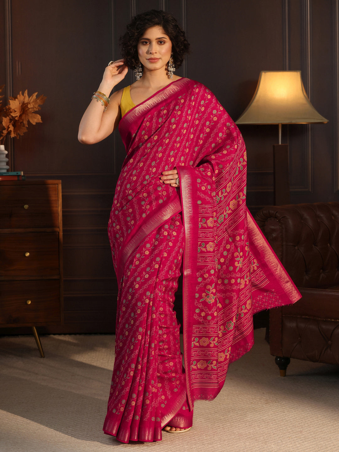  Libas Pink Floral Printed Silk Blend Saree 