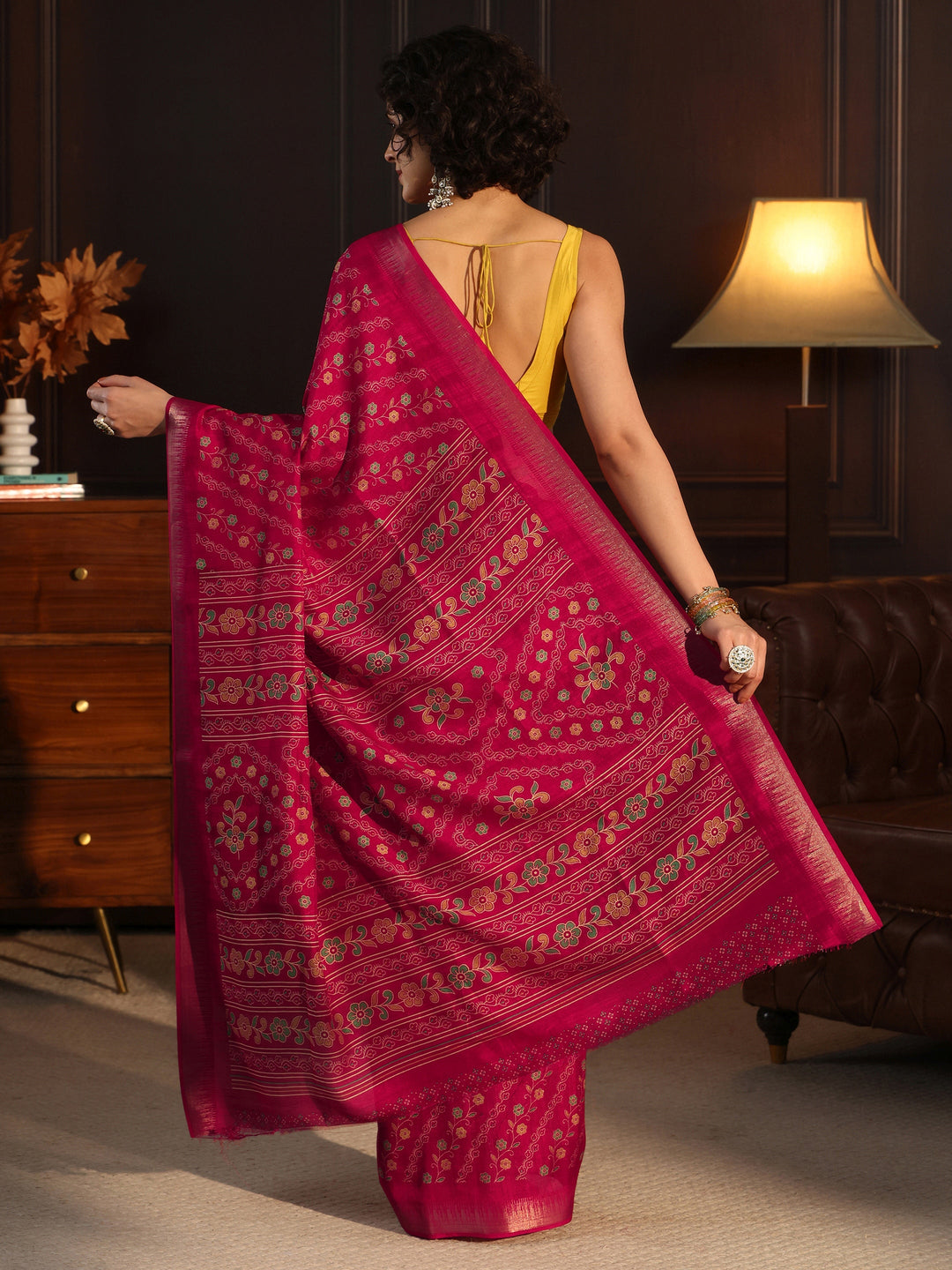  Libas Pink Floral Printed Silk Blend Saree 