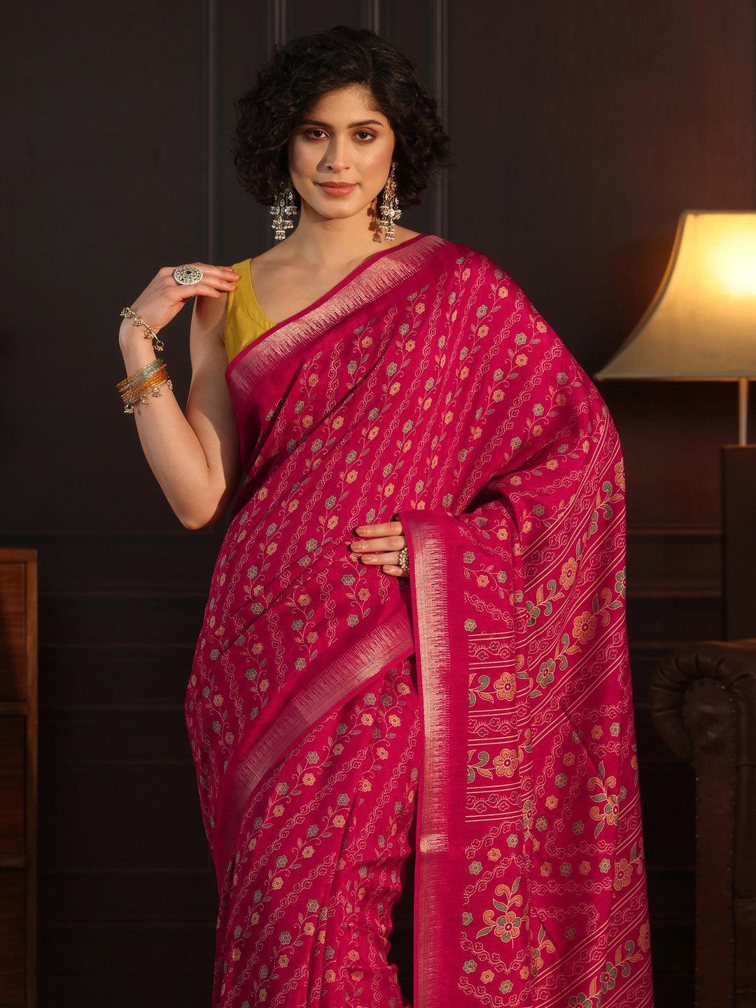  Libas Pink Floral Printed Silk Blend Saree 
