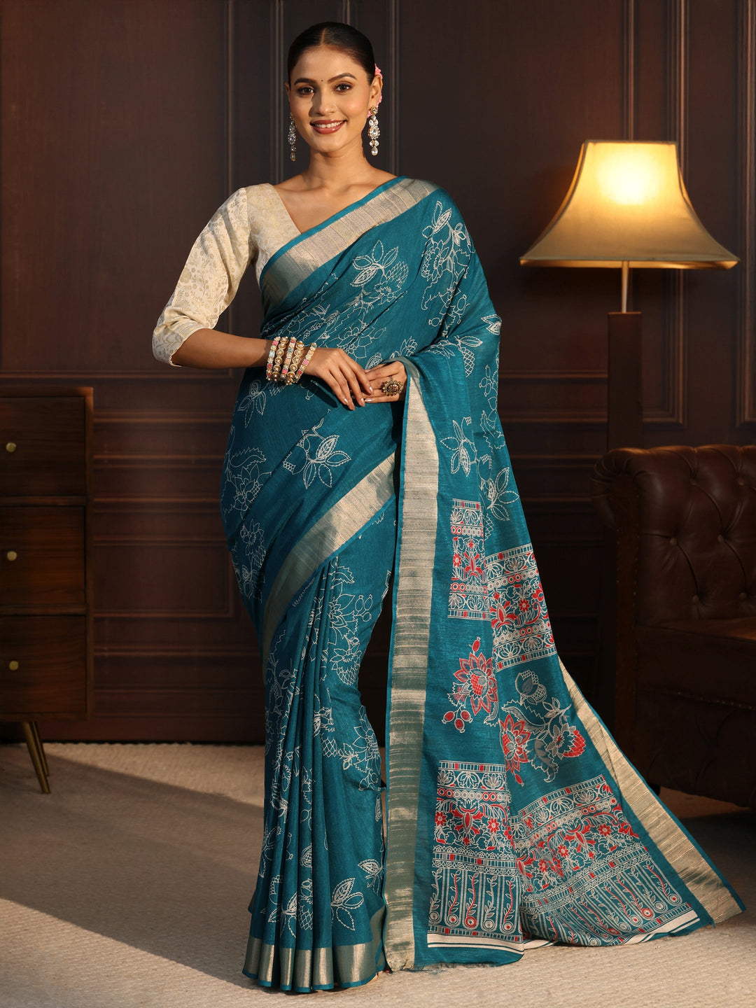  Libas Teal Green Floral Printed Silk Blend Saree 