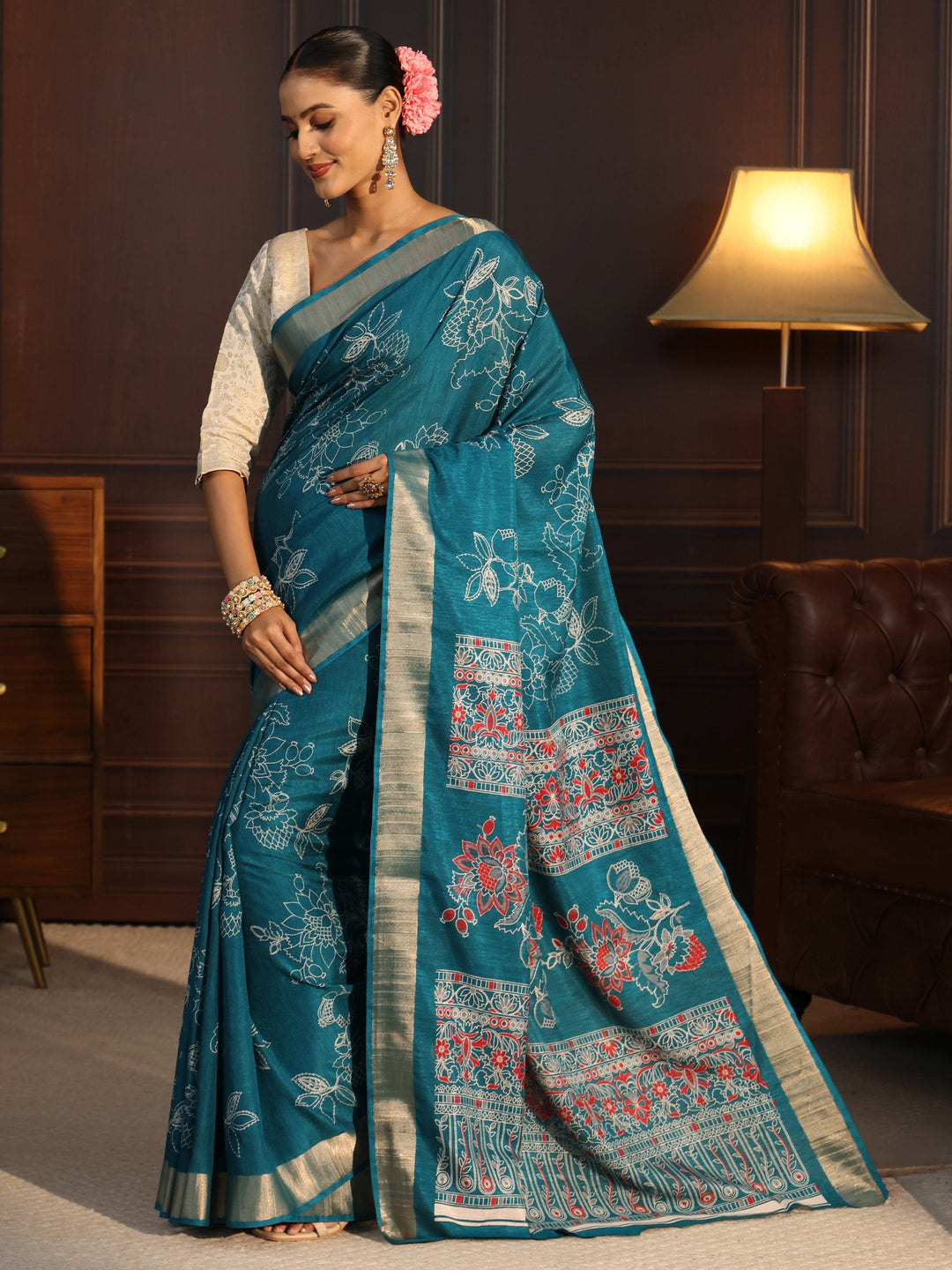  Libas Teal Green Floral Printed Silk Blend Saree 