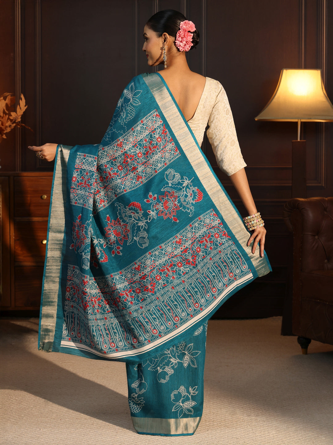  Libas Teal Green Floral Printed Silk Blend Saree 