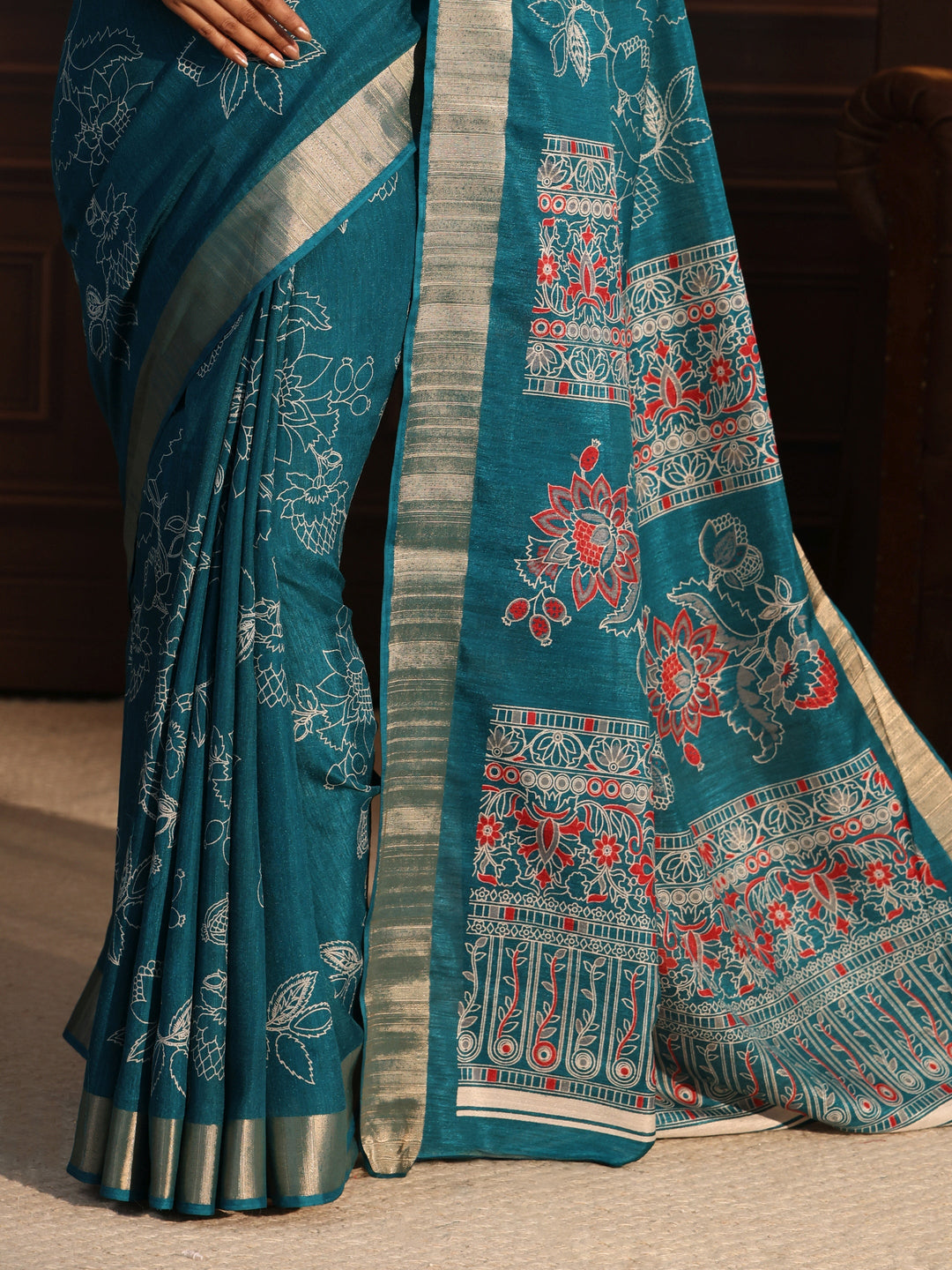  Libas Teal Green Floral Printed Silk Blend Saree 