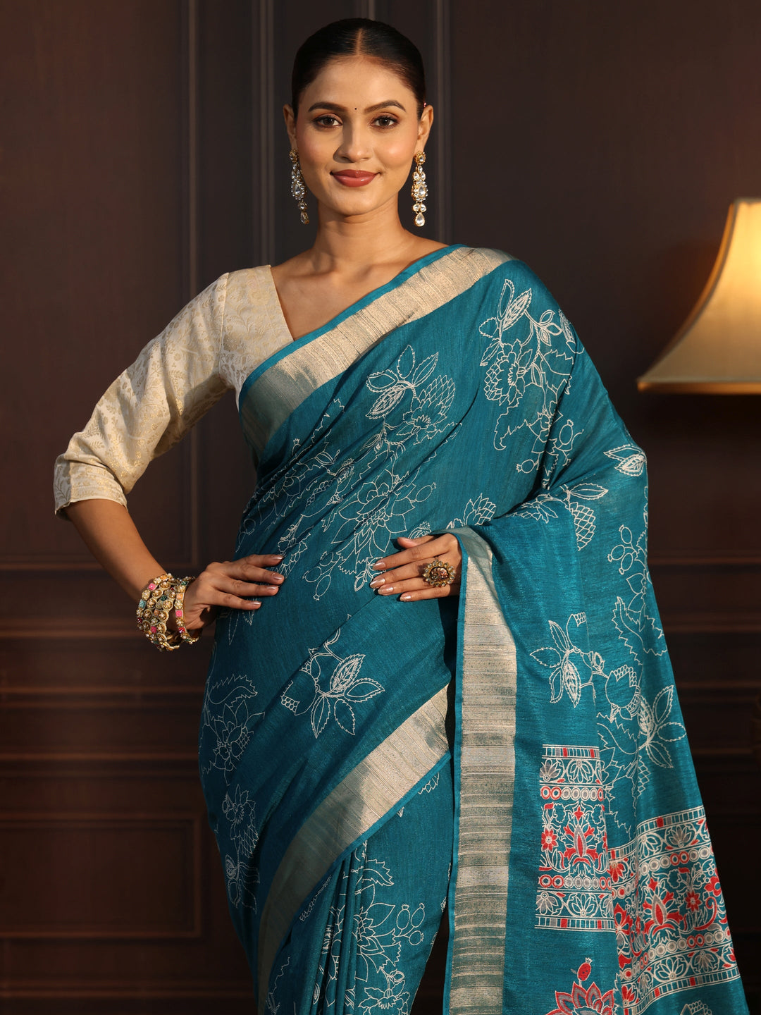  Libas Teal Green Floral Printed Silk Blend Saree 