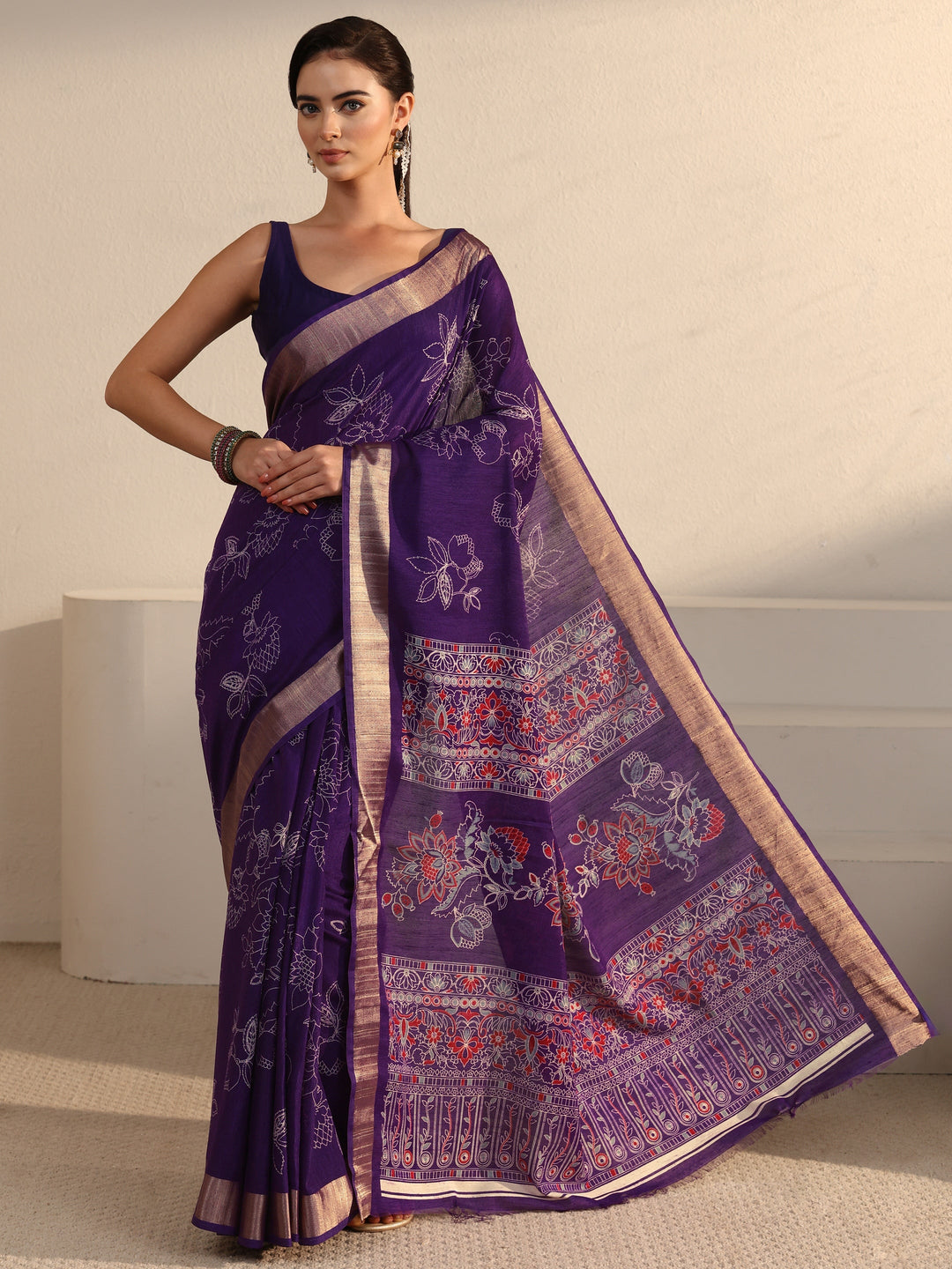  Libas Imperial Purple Floral Printed Silk Blend Saree 